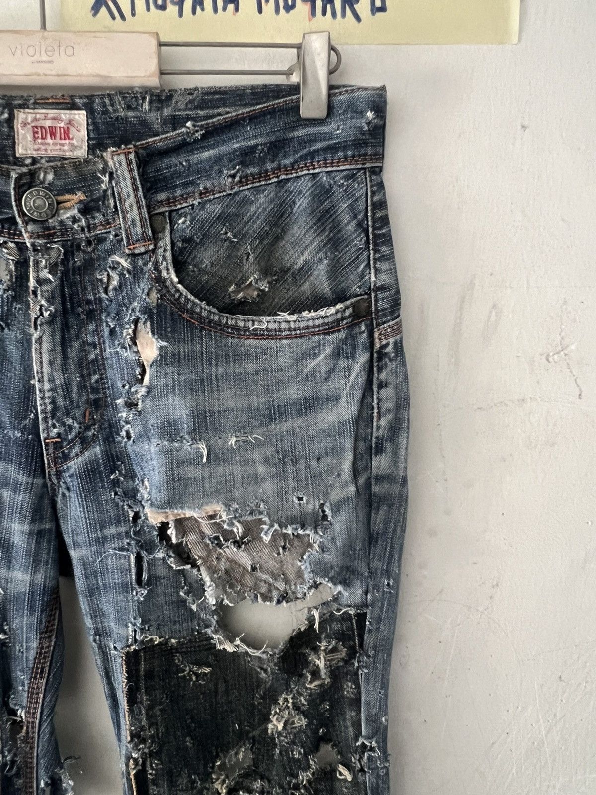 Japanese Brand MUGATAMUGARU THRASHED🔥EDWIN FLARE RIPPED DENIM PANT Size US 32 / EU 48 - 2 Thumbnail
