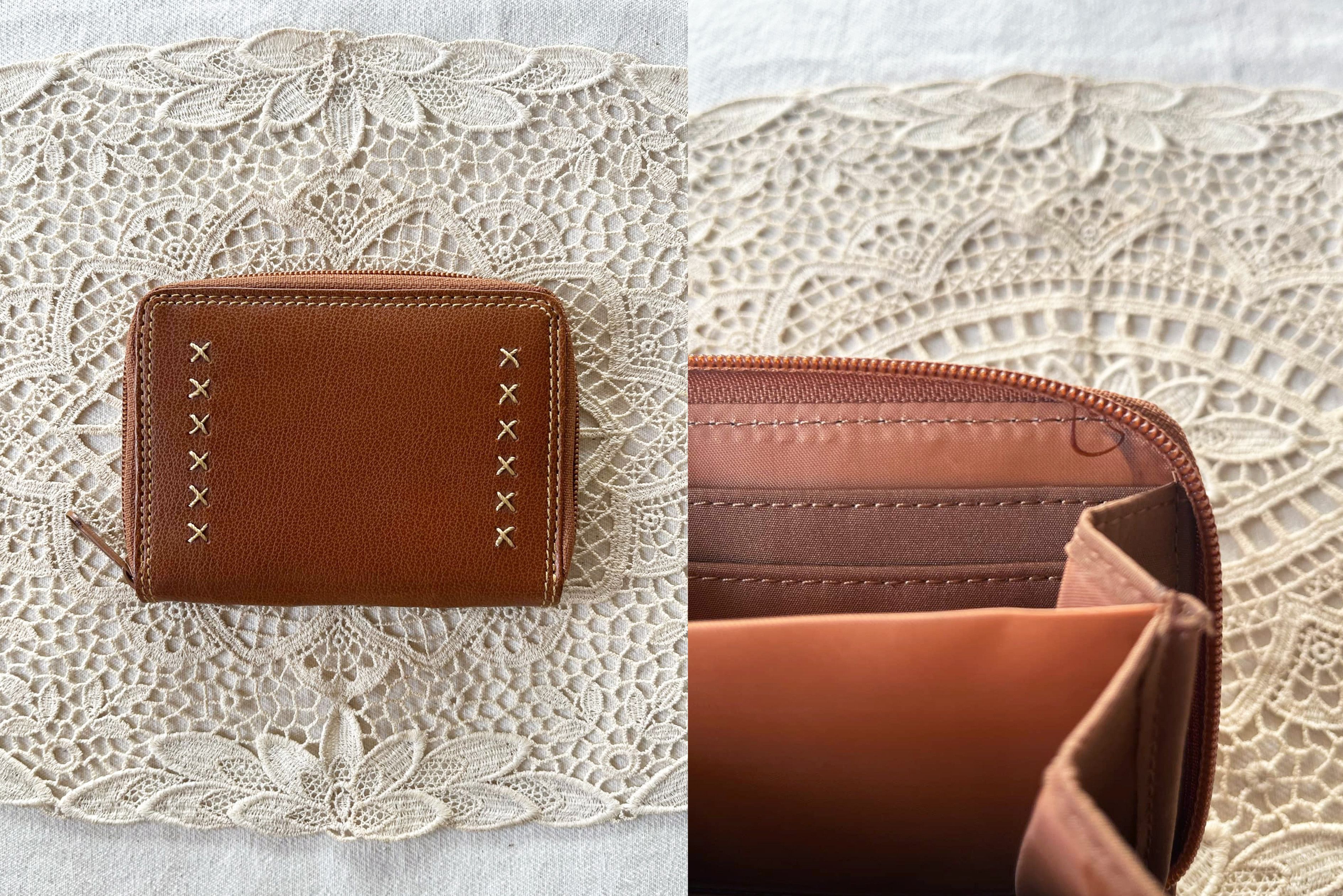 Vintage Caramel faux leather zip up short wallet with x stitch Size ONE SIZE - 9 Thumbnail