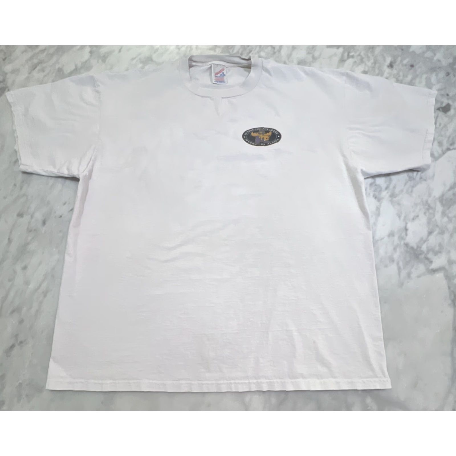 Jerzees VINTAGE Moose On The Loose Juneau T Shirt Men’s 2X Alaska Cotton Jerzees Russell Faded White Graphic Tee Mens 1990s Size US XXL / EU 58 / 5 - 7 Thumbnail