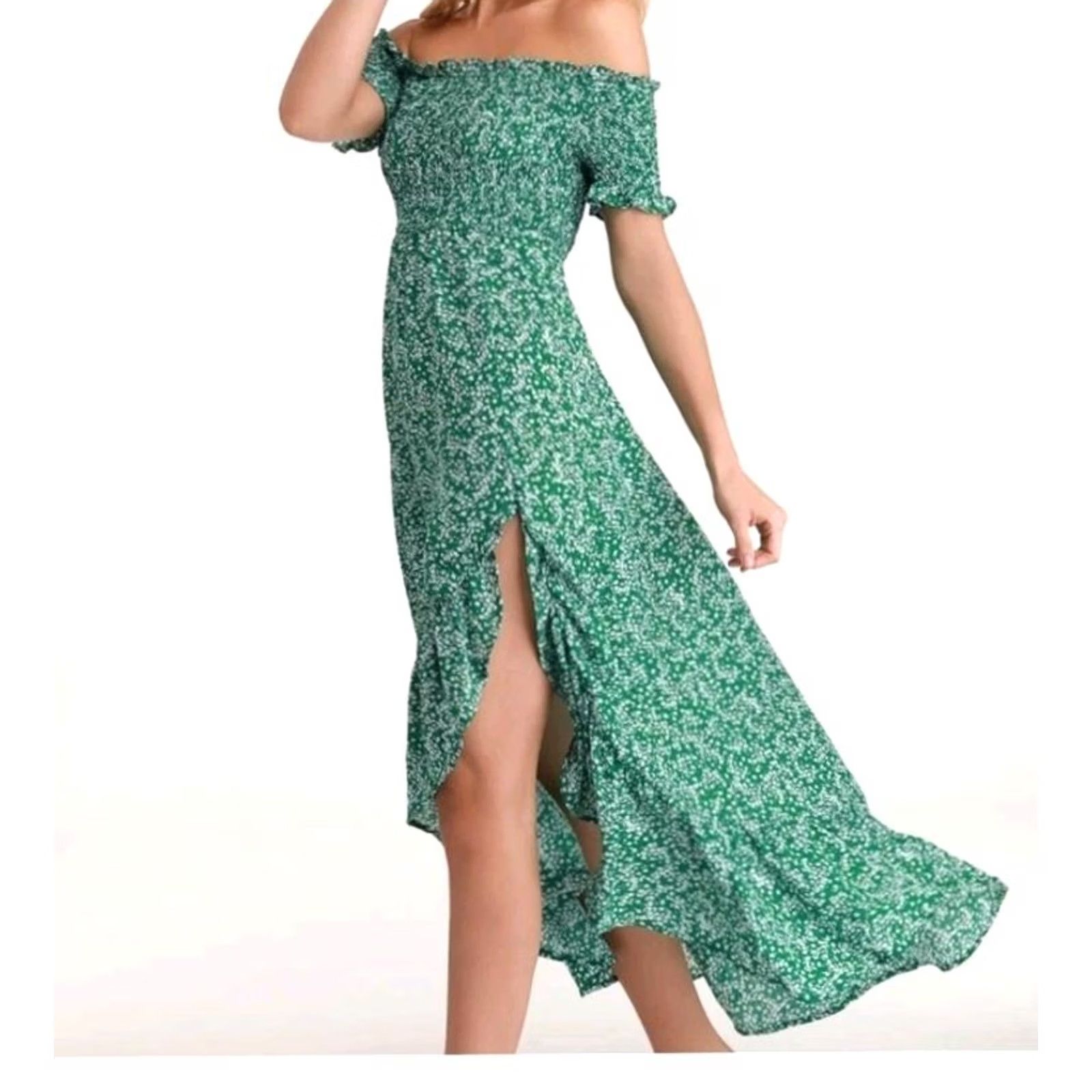 Lulus Lulu's Women's Fleurtation Green Floral Off The Shoulder Midi Dress S NEW Size S / US 4 / IT 40 - 2 Thumbnail