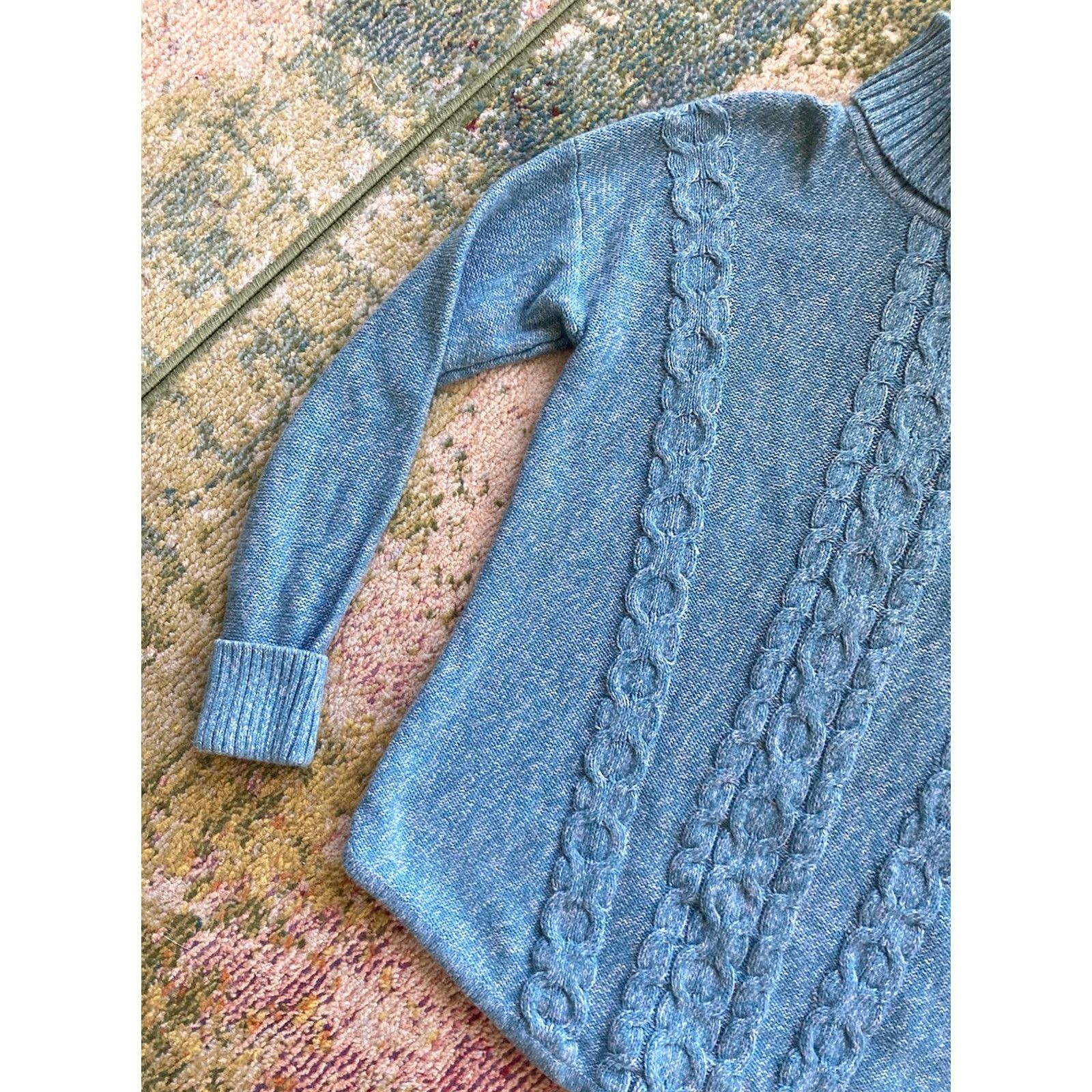 Vintage L.L. Bean Sweater Womens Large Turquoise Cotton Cable Knit Turtleneck Size L / US 10 / IT 46 - 2 Thumbnail