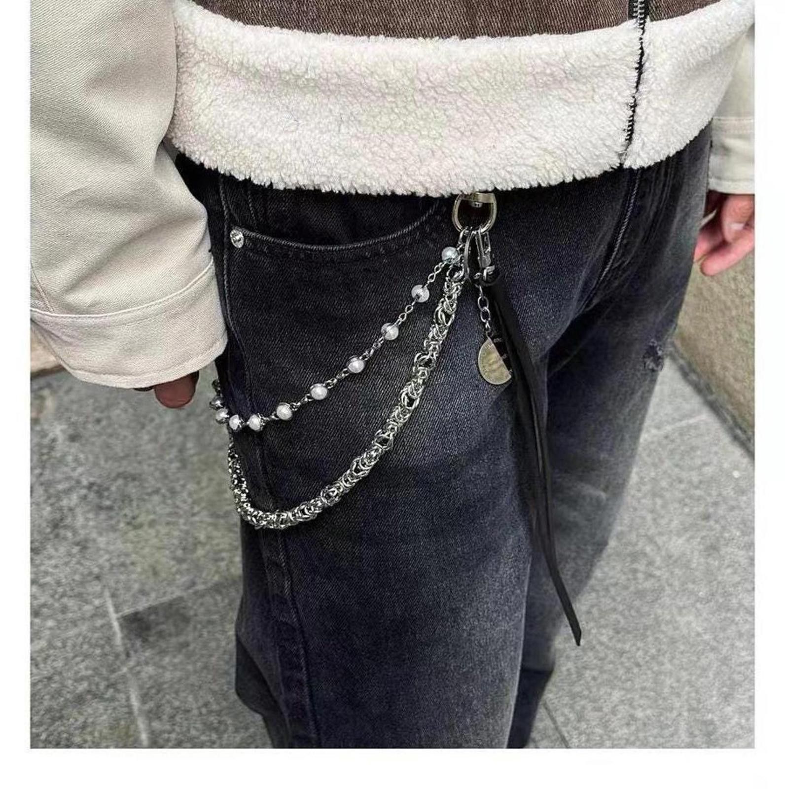Jewelry Double Layered Pearl Wallet Chain, Keychain For Jeans in Silver, Men's