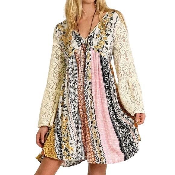 Other Mixed Print Lace Bell Sleeve Mini Dress | Boho Coastal Cowgi Size S / US 4 / IT 40 - 1 Thumbnail