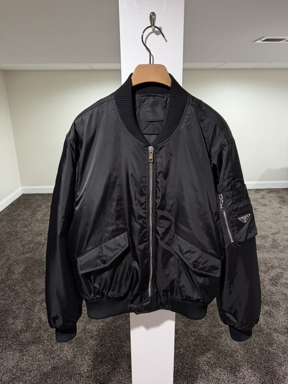 Prada Re-Nylon Triangle Logo Black Bomber Jacket