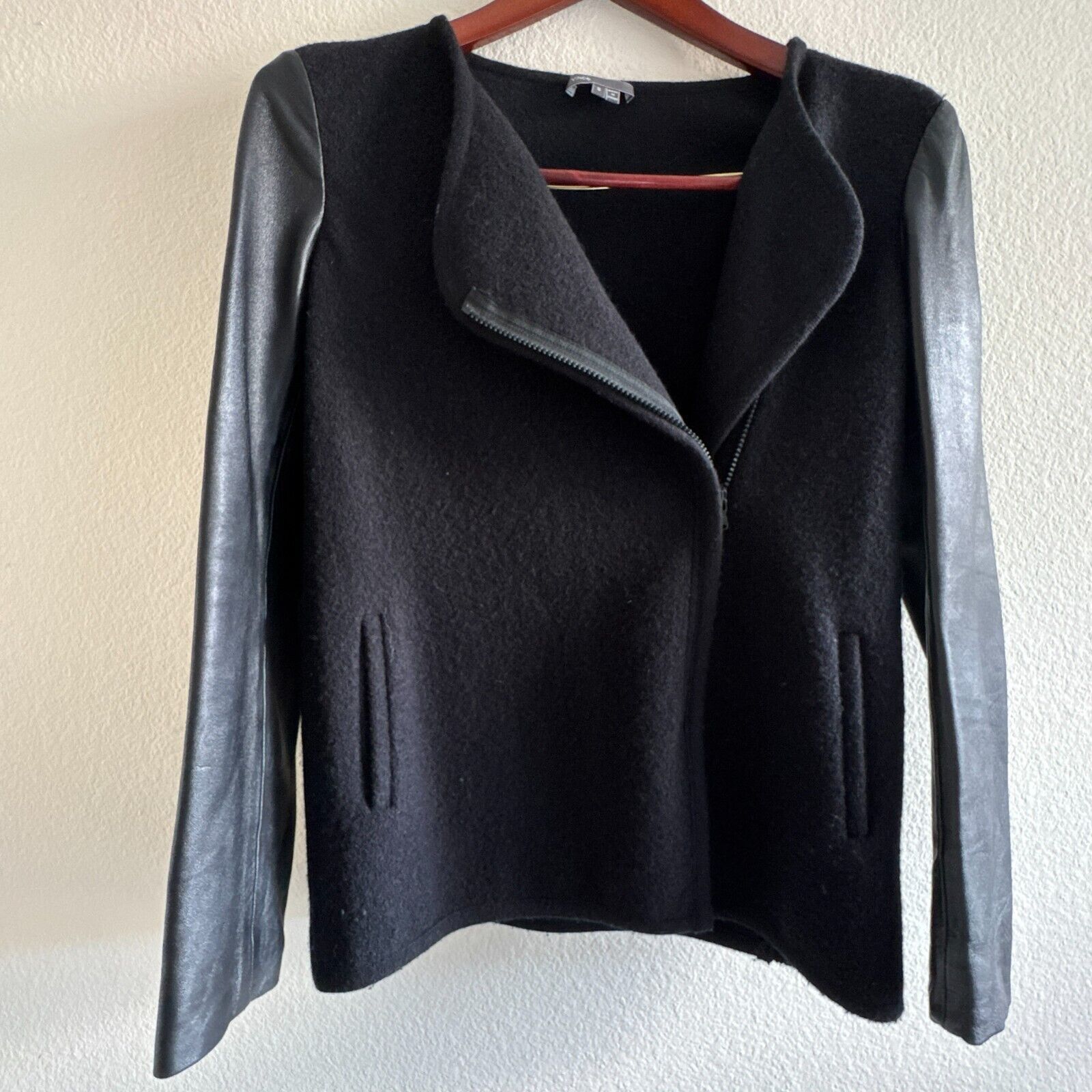 Vince Vince Wool Leather Sleeve Moto Black Jacket Pockets Zip Wom Size S / US 4 / IT 40 - 3 Thumbnail