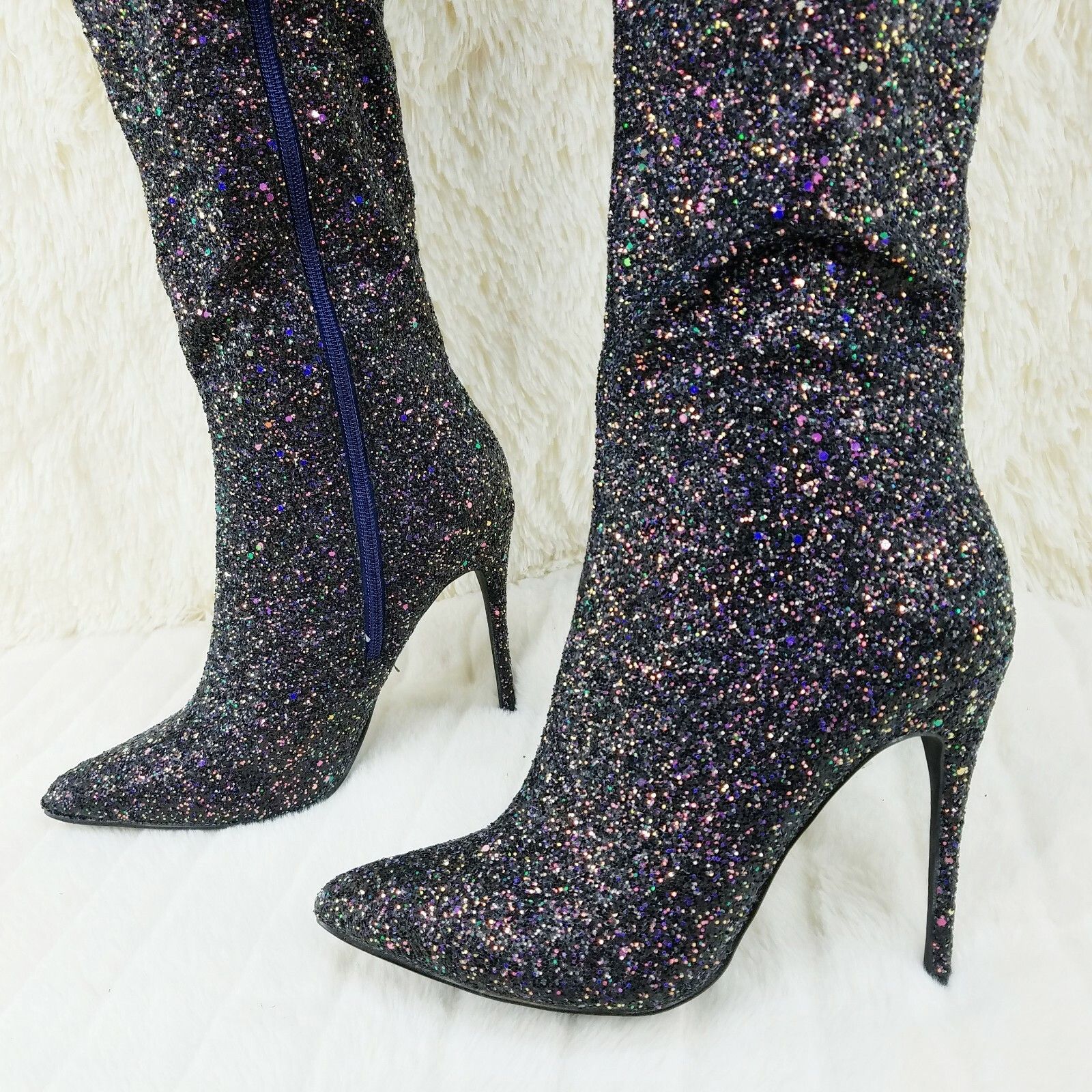 Other Courtly Black Multi Color Glitter 3015 Thigh High Boots 5" Size US 12 / IT 42 - 6 Thumbnail
