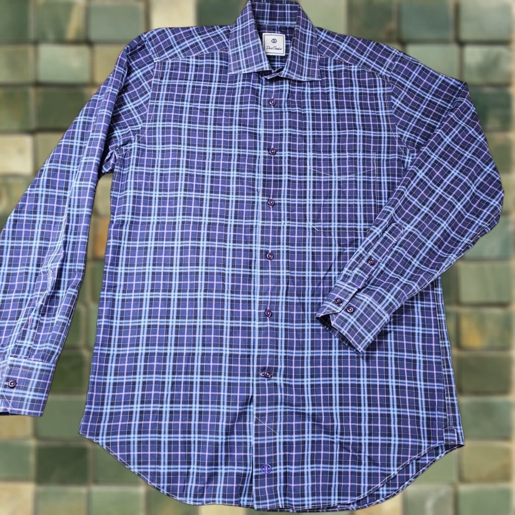 David Donahue David Donahue Dress Shirt Mens Medium Blue Purple Check Woven Cotton Long Sleeve Size 40R - 1 Thumbnail