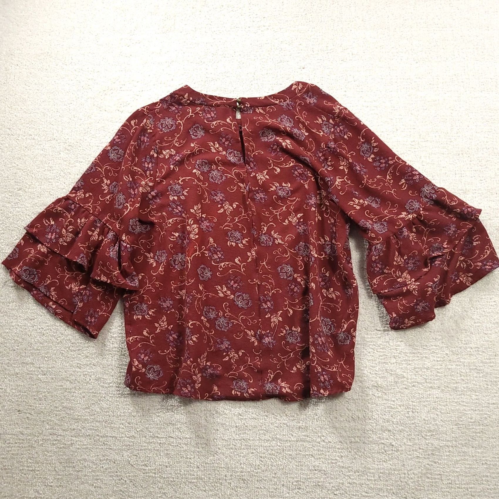 Bell Massini Womens Blouse Top Large Bell Sleeve Ruffle Floral Maroon Red L Regular Size L / US 10 / IT 46 - 7 Thumbnail