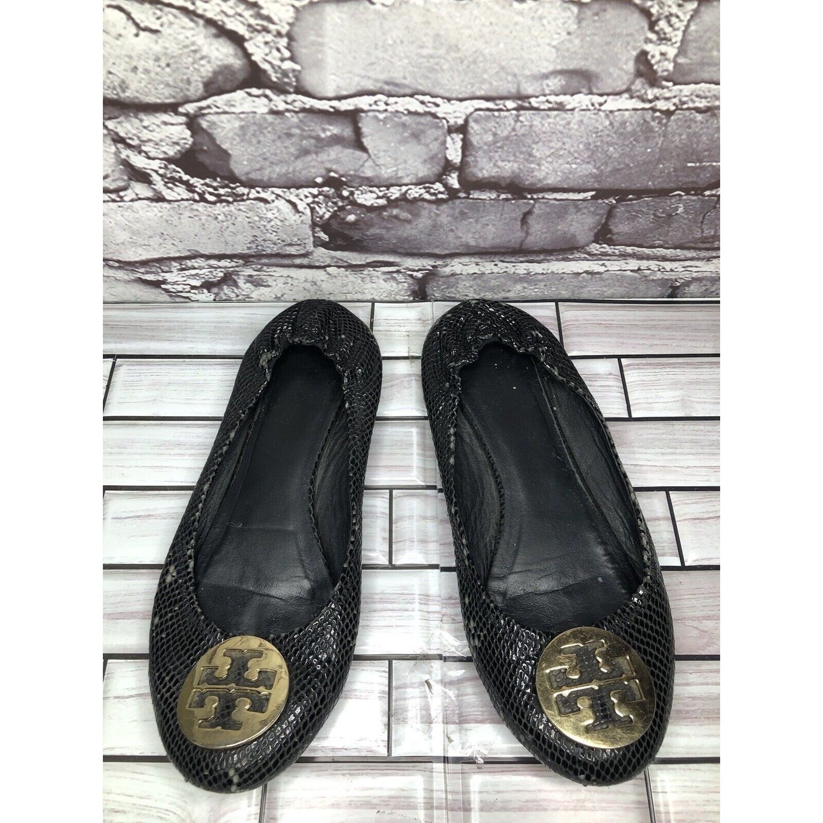 Tory Burch Tory Burch Reva Gold Logo Black Leather Snake Skin Ballet Fl Size US 7.5 / IT 37.5 - 2 Thumbnail
