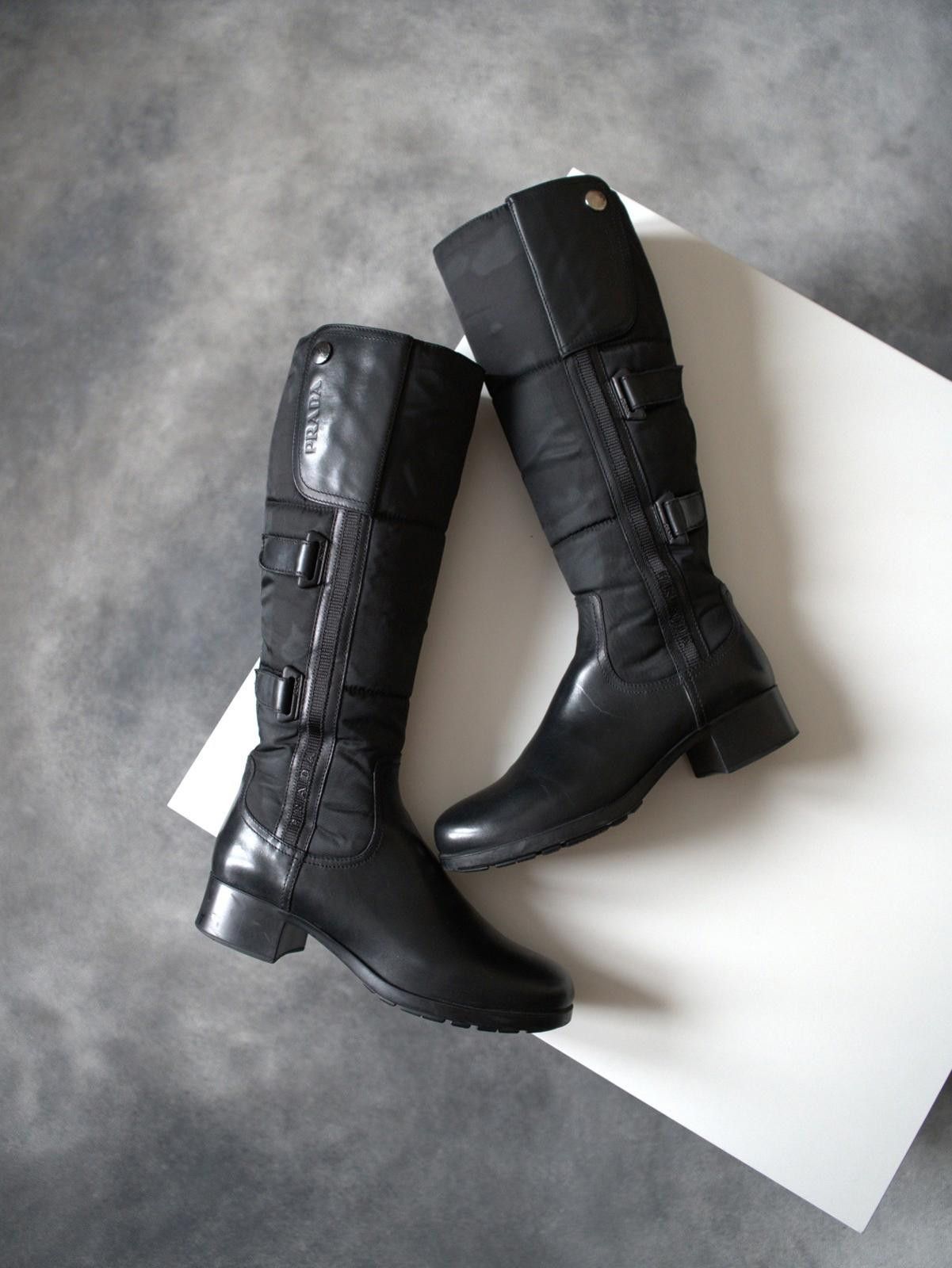 Prada 2000s Prada Biker Strap Logo Knee-High Leather Boots Size US 6 / IT 36 - 1 Thumbnail