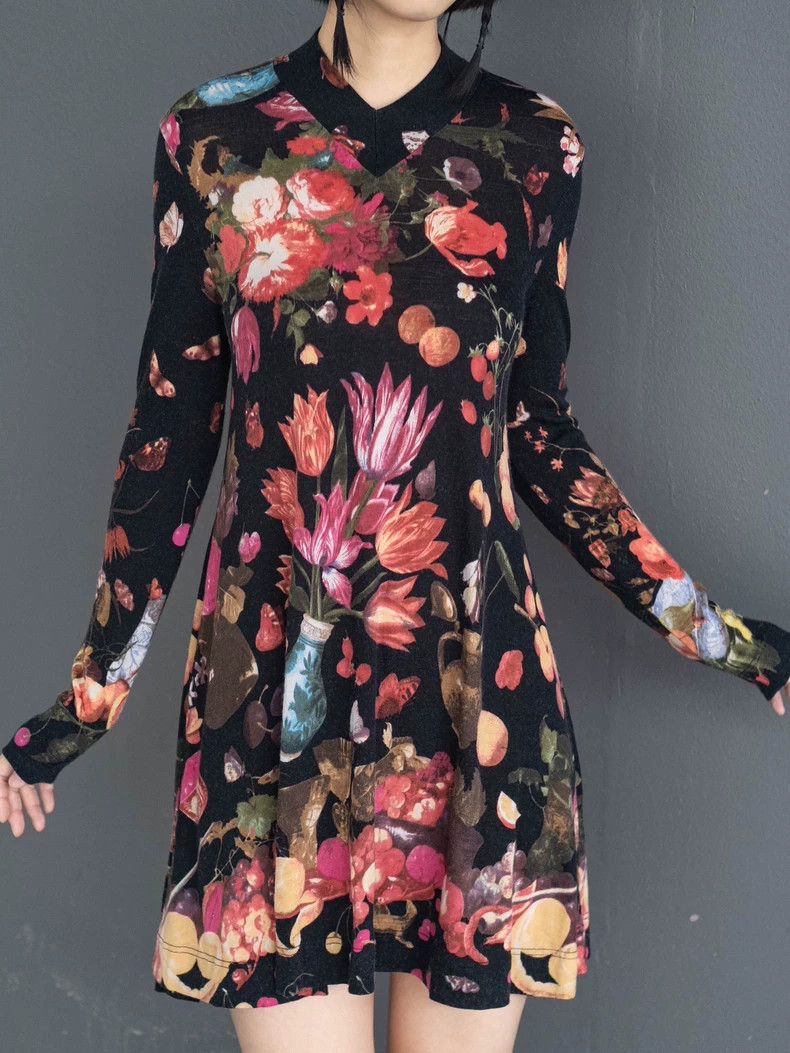 Kenzo KENZO Floral, floral, fruit elastic knit dress vintage Size L / US 10 / IT 46 - 1 Thumbnail