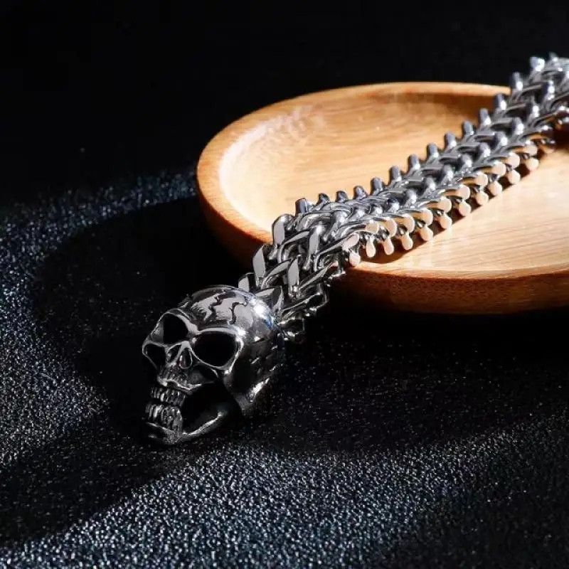 Jewelry Trendy Punk Stainless Steel Double Skull Bracelet Size ONE SIZE - 4 Thumbnail