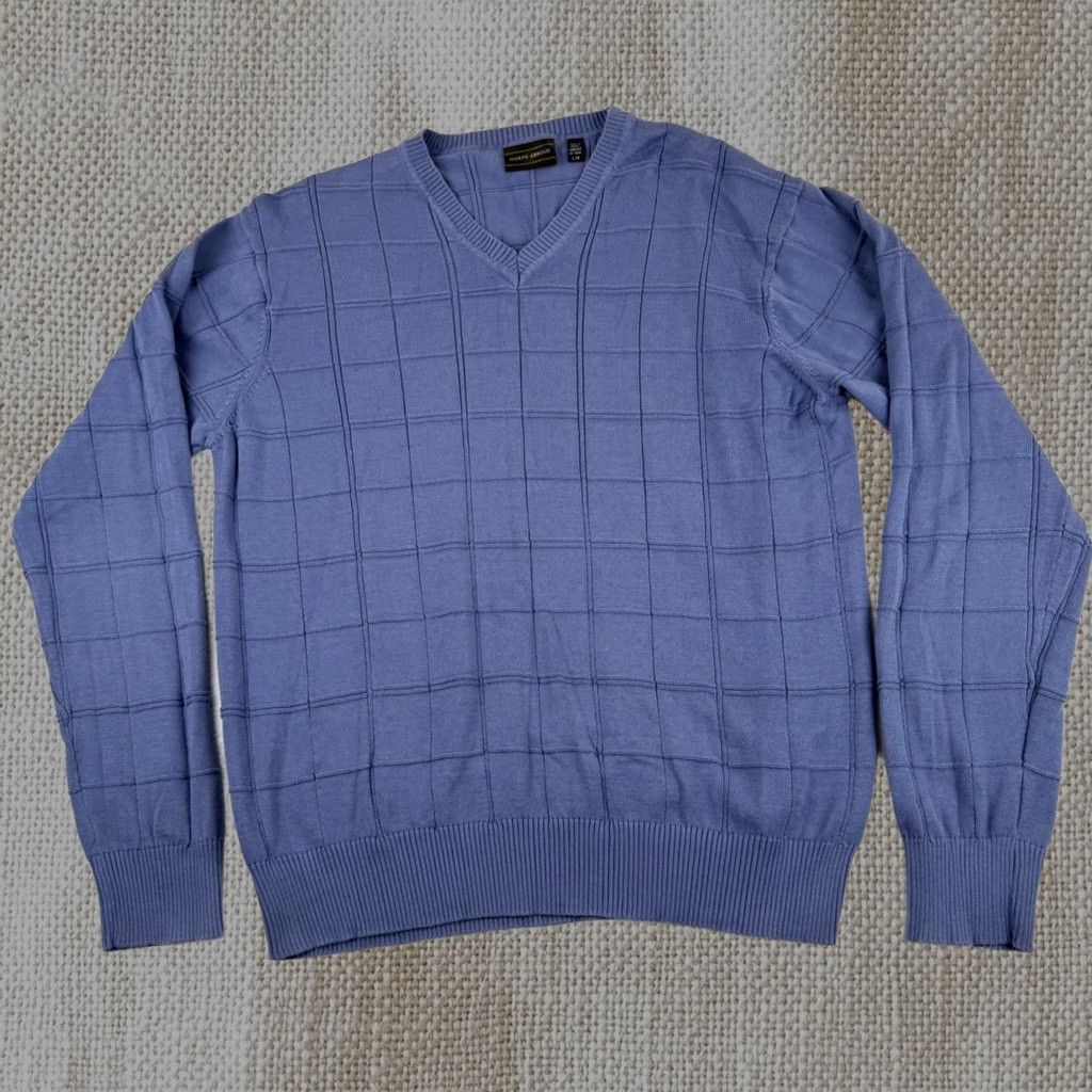 Joseph Abboud Mens Large Blue V-Neck Sweater 100% Pima Cotton Grid Textured Knit in Silver, Men's
