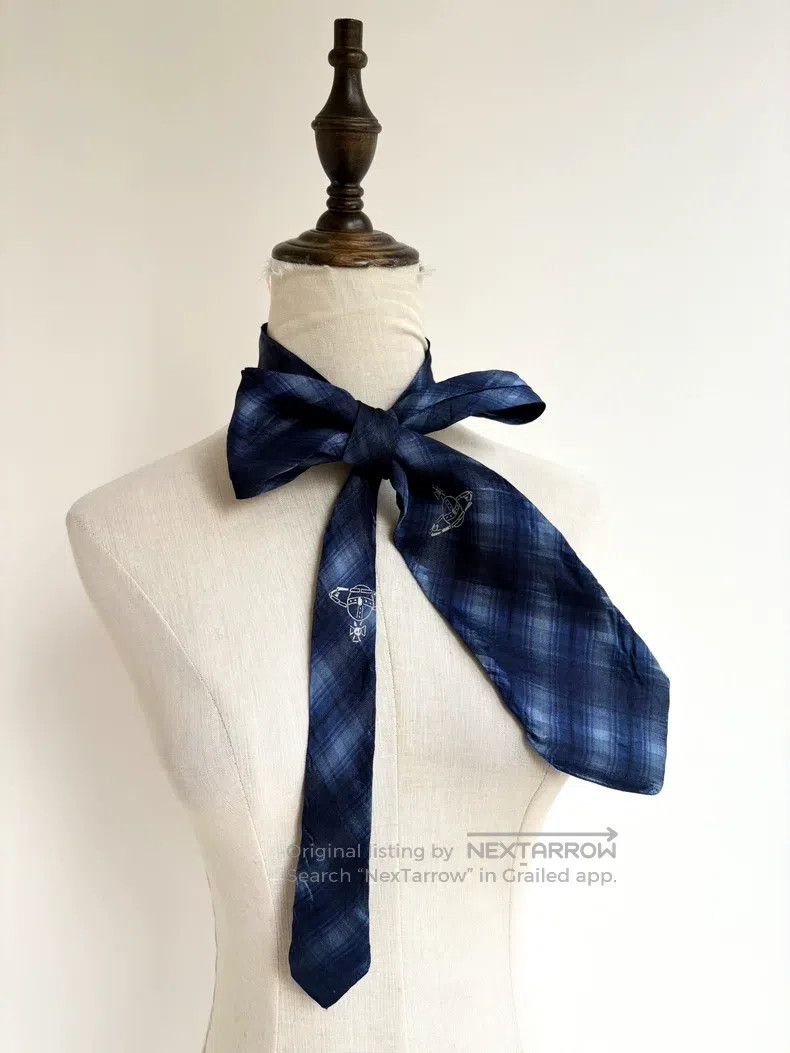Vivienne Westwood Vivienne Westwood Blue Plaid Saturn Planet Embroidered Tie Size ONE SIZE - 1 Thumbnail