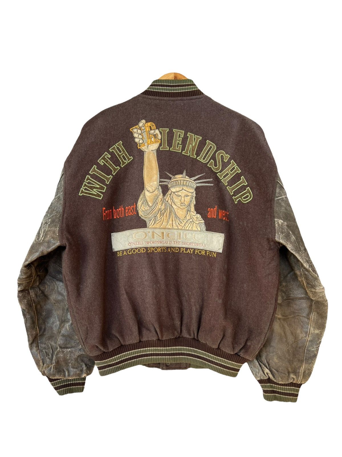 Vintage Oneill Santa Cruz Leather Distressed Varsity Jacket