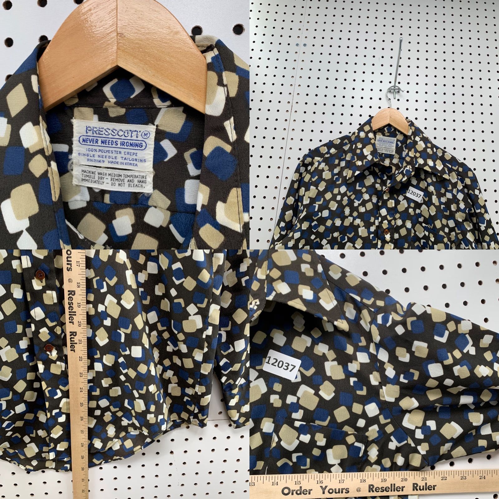 Vintage VINTAGE Presscott Shirt M Adult Blue Black 100% Polyester Crepe Size M Geometric Long Sleeve Button-Up 60s 70s 80s Rockabilly Mens Size US M / EU 48-50 / 2 - 8 Thumbnail