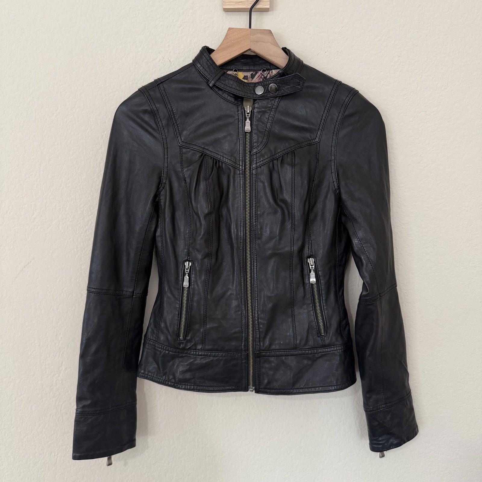 Ted Baker Ted Baker Jacket Women's 1 Black Leather Moto Ruffle Back Size ONE SIZE - 1 Thumbnail