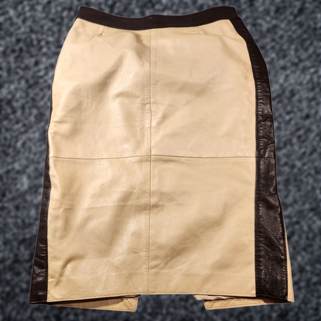Vintage VINTAGE Outer Edge Skirt Womens Medium Beige Leather Pencil Contrast Trim Lined Work Size 32" / US 10 / IT 46 - 1 Thumbnail