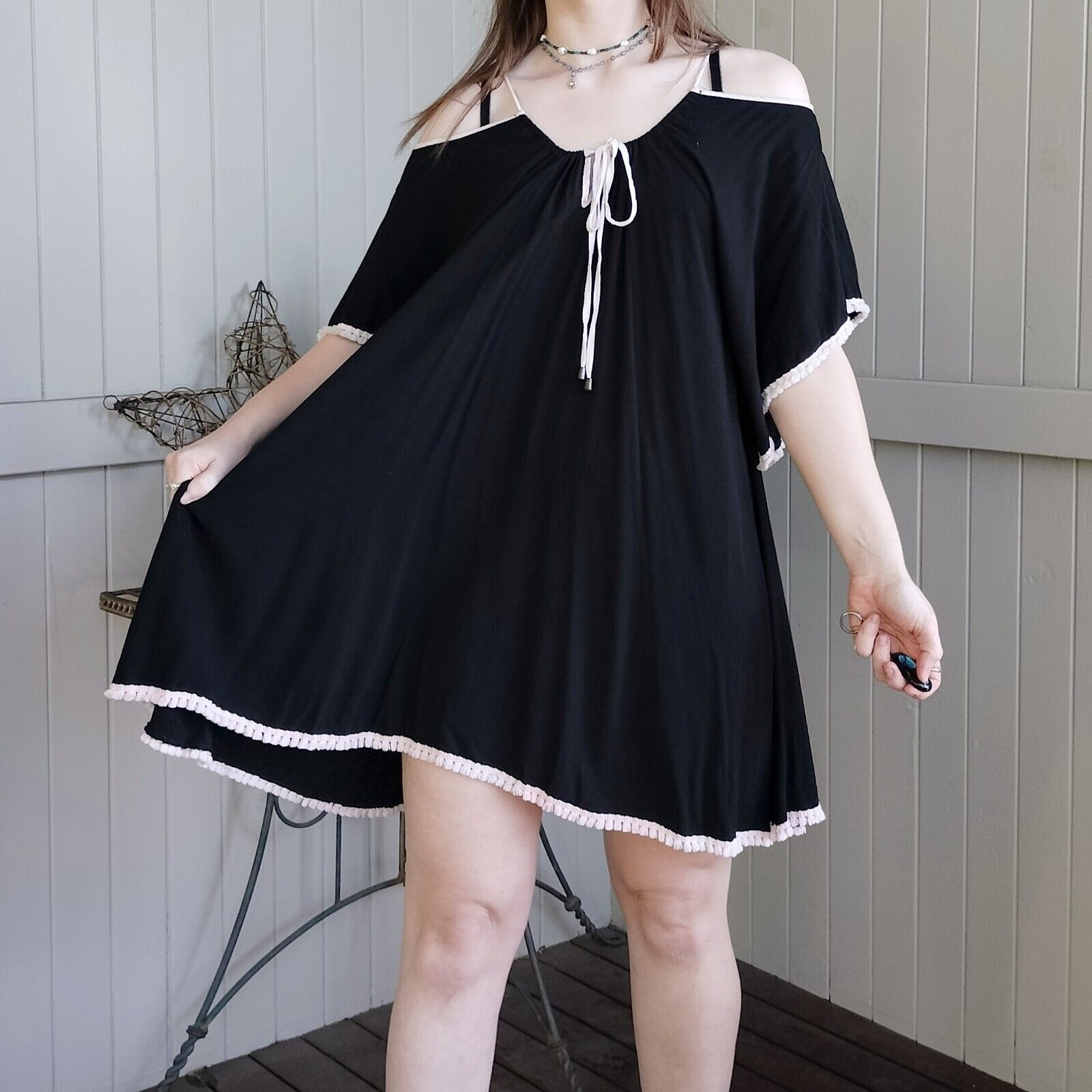 Designer PQ Collection Dress Mini Shift Bell Sleeve Tassel Cocktail Size ONE SIZE - 4 Thumbnail