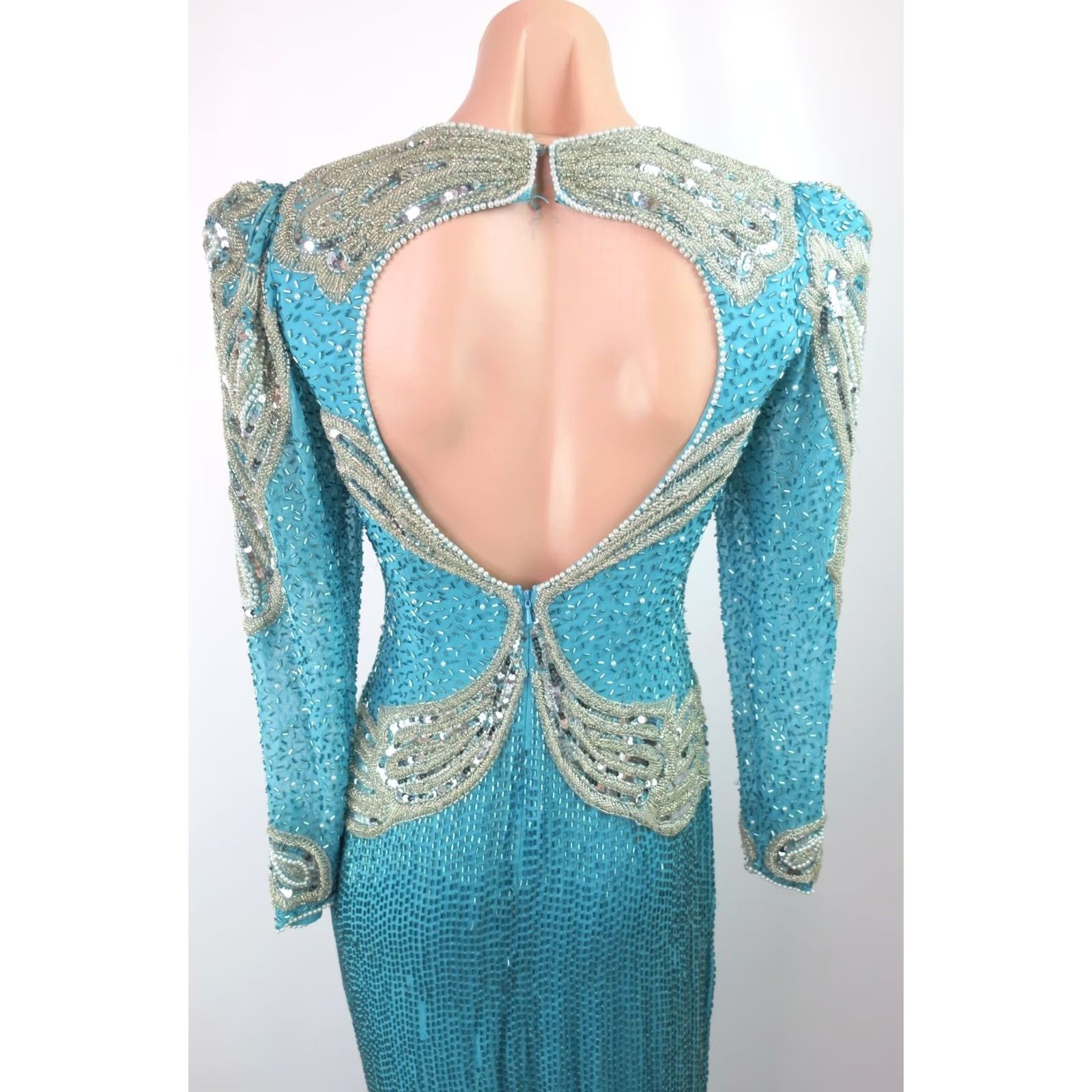 Oleg Cassini VTG Oleg Cassini Silk Beaded Backless Dress Formalwear Wedding Black Tie Sz 4 Blue 1980s Womens Dress Size S / US 4 / IT 40 - 6 Thumbnail