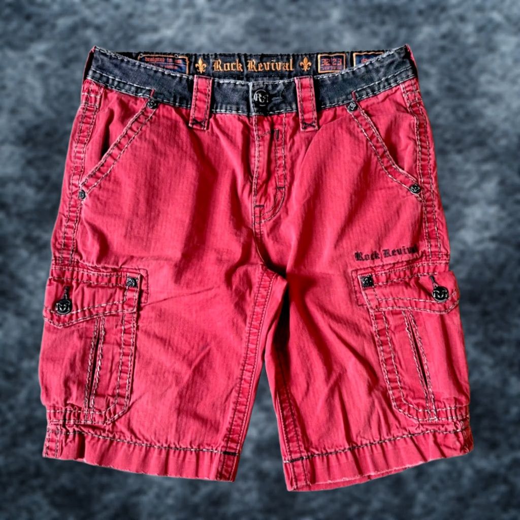 Vintage VINTAGE Rock Revival Cargo Shorts Men's 32 Red/Black Embroidered Studded Relaxed Cotton Front Flat 11in Inseam Work Casual Travel Size US 32 / EU 48 - 1 Thumbnail