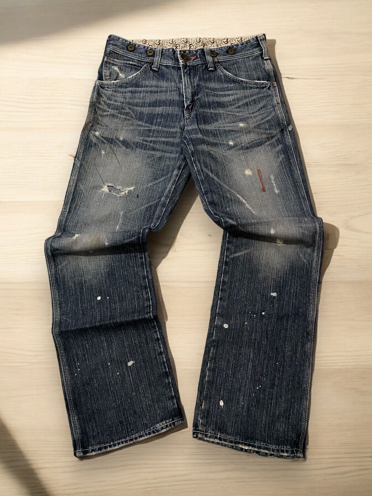 Edwin × Japanese Brand FLARE 🔥 Edwin 503 Blue Trip Distressed Splash Paint Denim Size US 33 - 1 Thumbnail