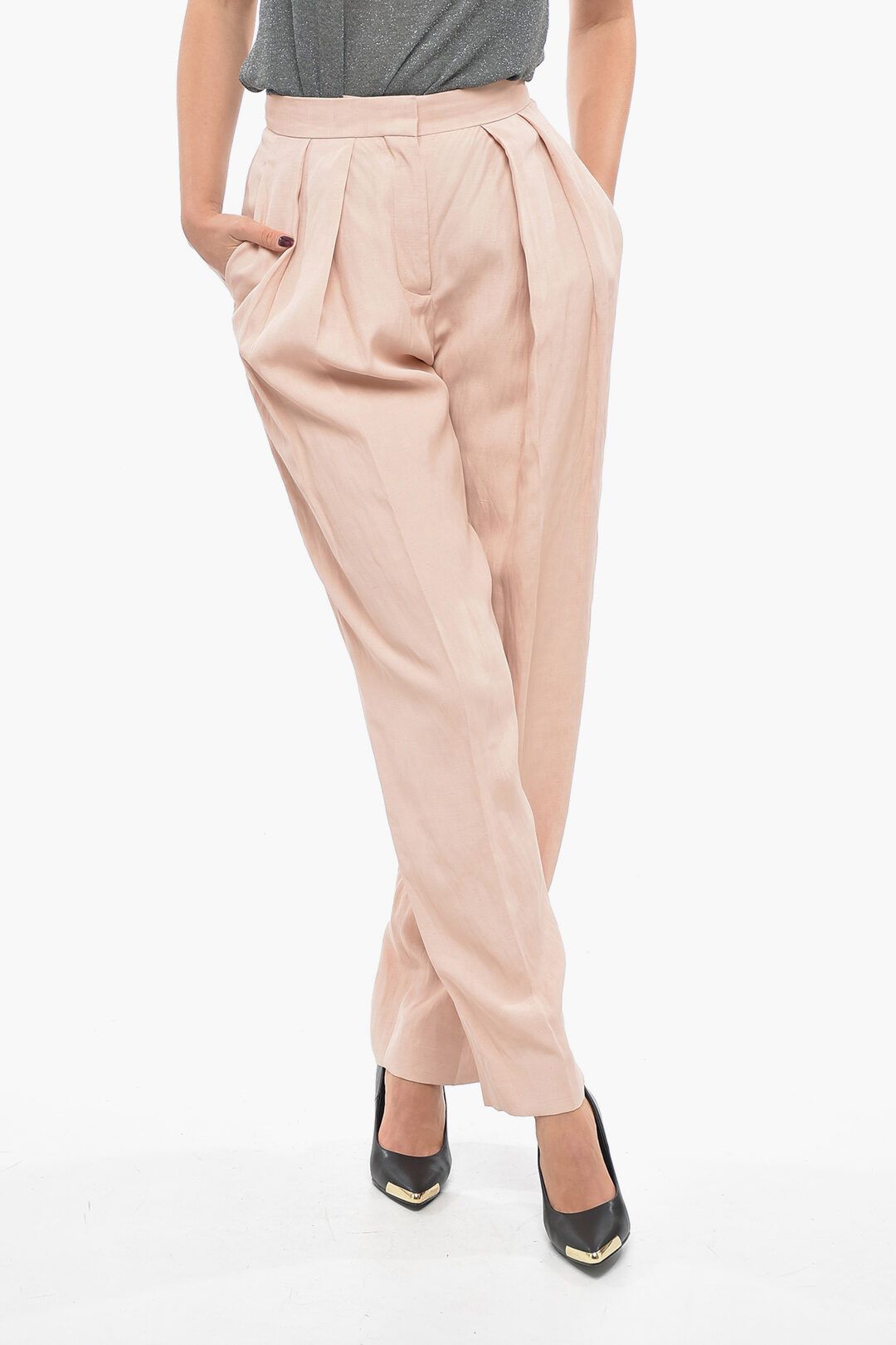 Stella McCartney og1mm0824 Double-Pleated Flax Blend Baggy Pants Size 26" / US 2 / IT 38 - 1 Thumbnail