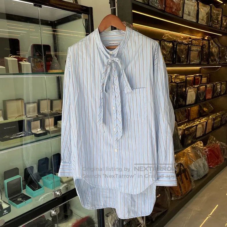 Balenciaga Light Blue Stripe Back Yellow Logo Long Shirt