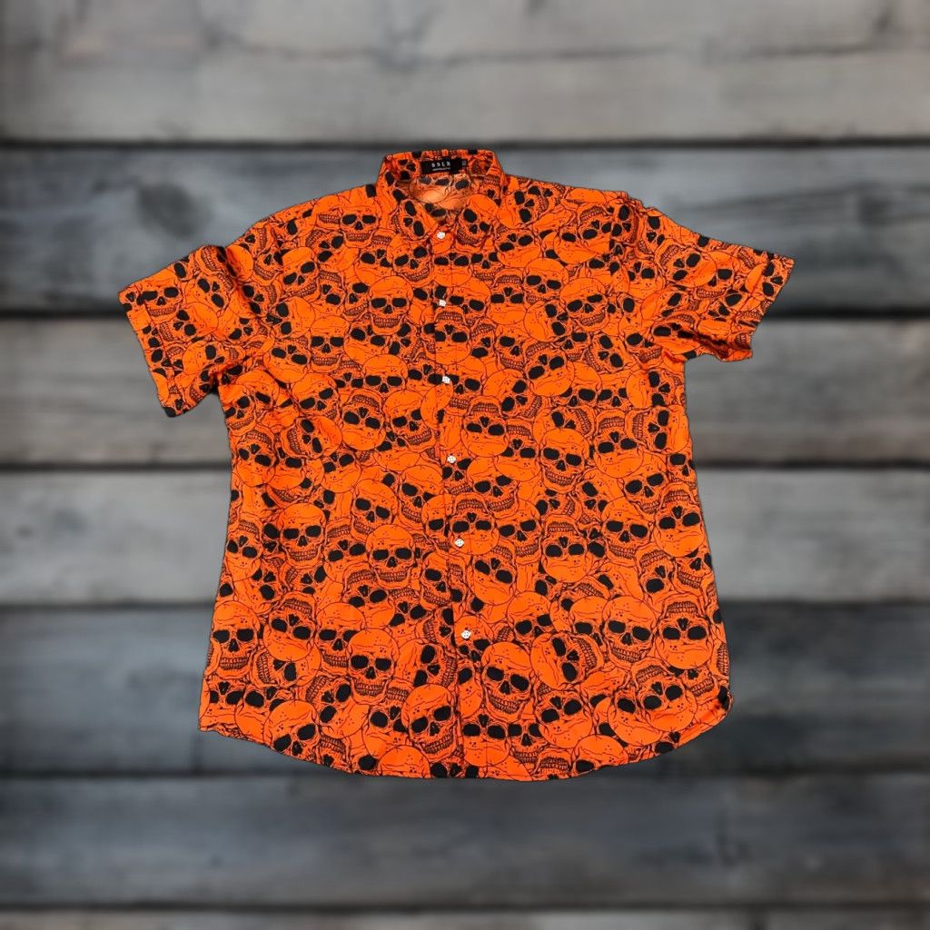 Etro VINTAGE Sslr Skull Print Shirt Adult XL Orange Black Geometric Grunge Retro Guitar Mens Button-Up Short Sleeve Poliester Size US XL / EU 56 / 4 - 1 Thumbnail