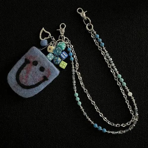 Jewelry 98Blue Beaded Wallet Pants Chain with Felt Smile Pouch Size ONE SIZE - 4 Thumbnail