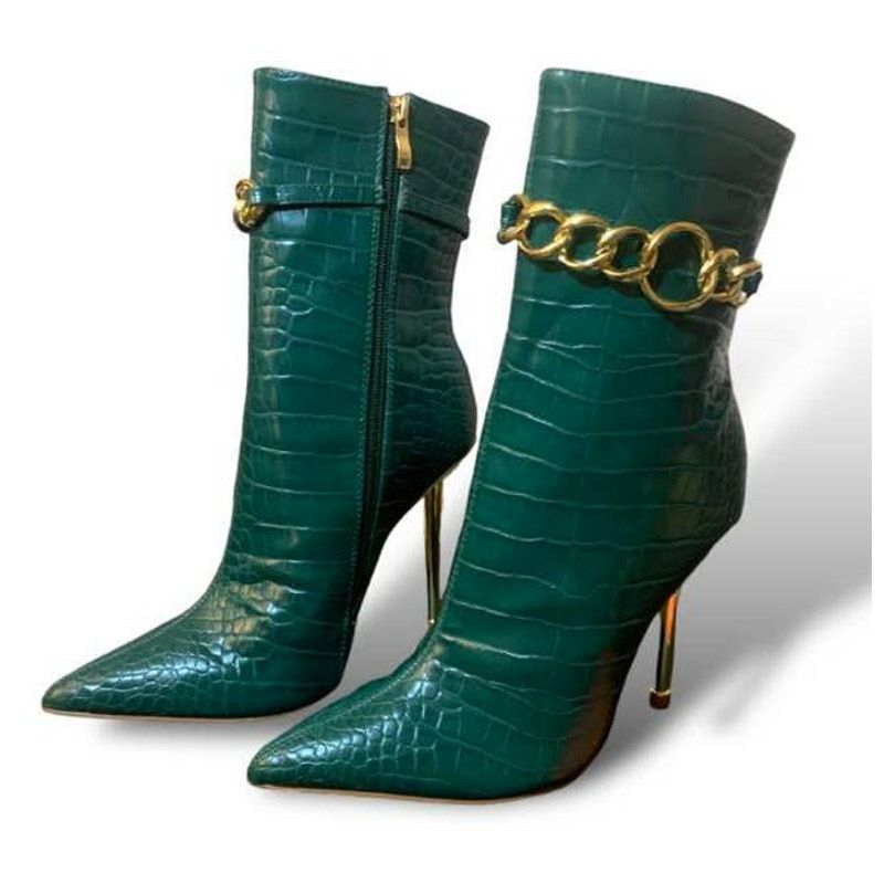 Other Mid Calf Stiletto Heel Pump Boot Pointed Green Snake Croc 5 Size US 5 / IT 35 - 2 Thumbnail
