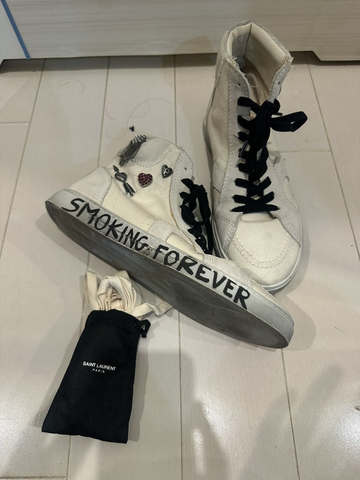 Saint Laurent Paris 17aw Saint Laurent Smoking Forever High-Top Sneakers Size US 7 / EU 40 - 10 Thumbnail