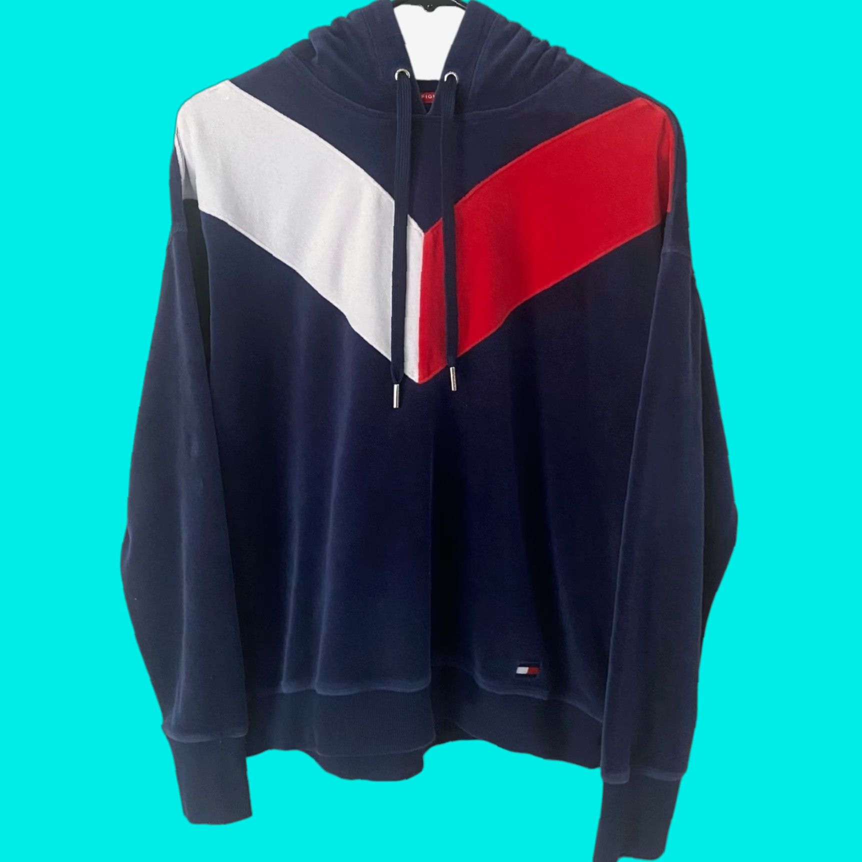 Tommy Hilfiger VINTAGE Tommy Hilfiger Sport Velour Chevron Hoodie Sweatshirt Blue Women's M Size M / US 6-8 / IT 42-44 - 1 Thumbnail