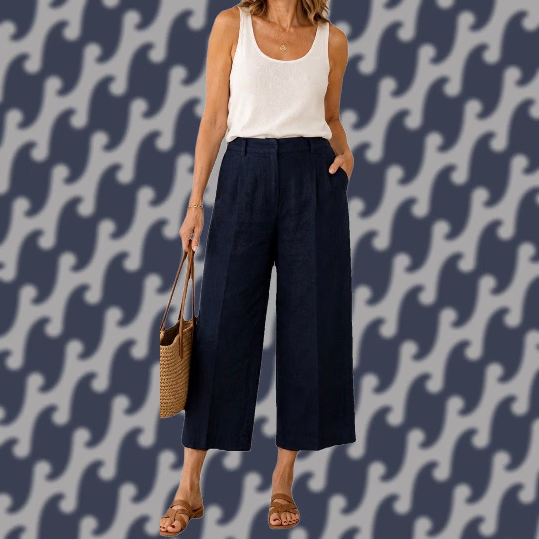 Vintage VINTAGE Casual Corner Linen Pants Women’s 14 Navy Wide Leg Cropped High Rise 80s Ball? (Note: cannot determine due to constraint) Size 36" / US 14 / IT 50 - 1 Thumbnail