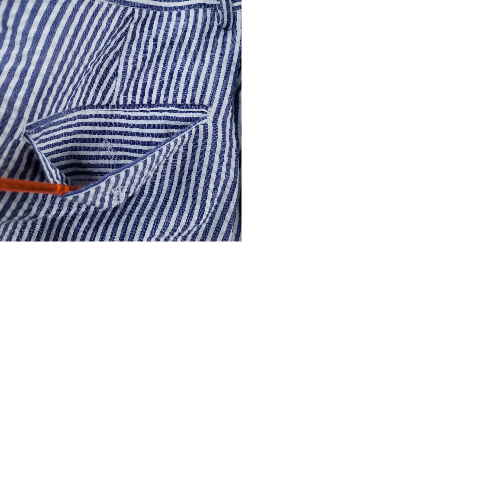 Vintage Afazzy New York Shorts Mens 36 Chino Casual Blue White Striped Seersucker 65% Polyester 35% Cotton Flat Front Zip Fly Pockets Size US 36 / EU 52 - 9 Thumbnail