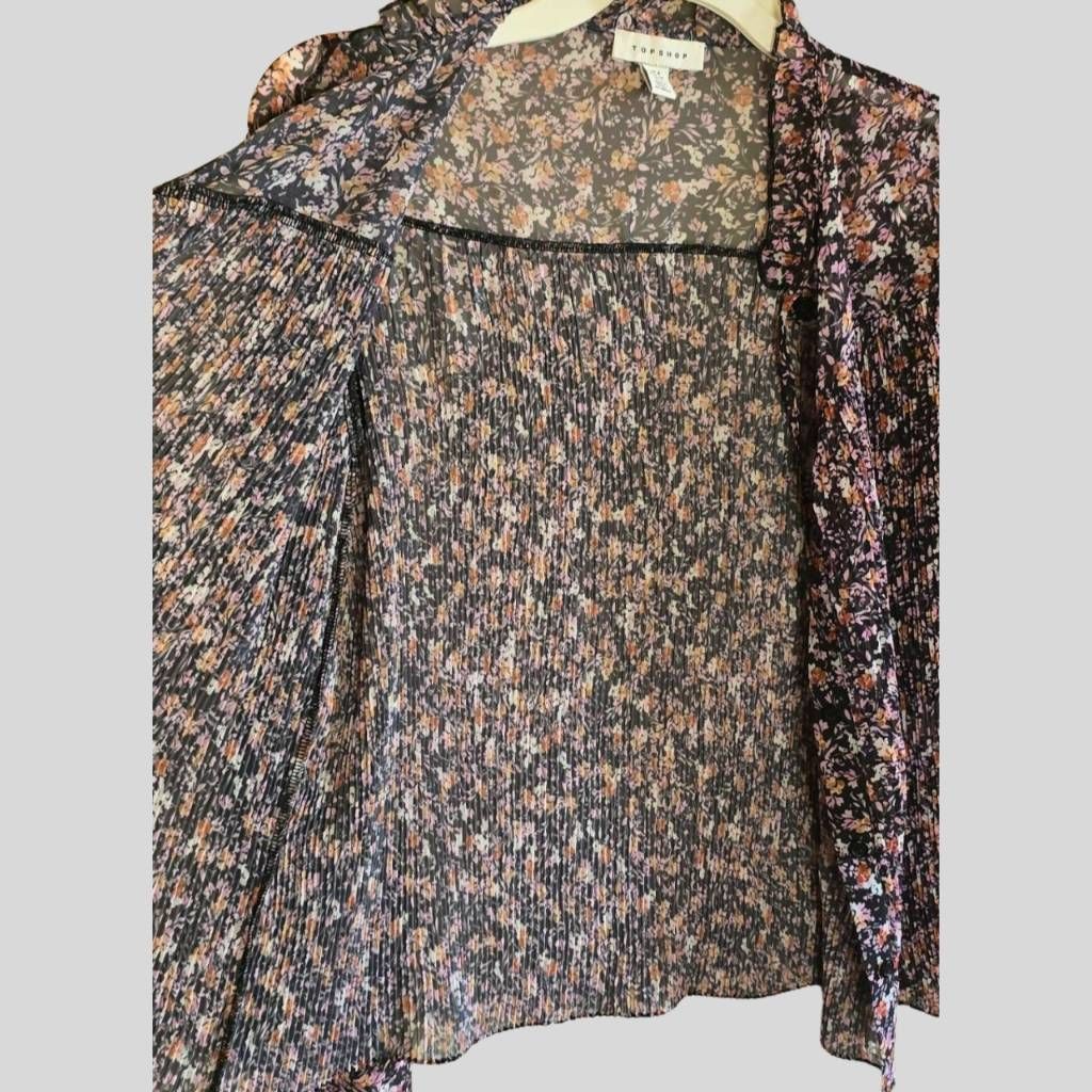 Topshop TOPSHOP Women’s Floral Sheer Blouse Boho Pleated Button-Up L Size XS / US 0-2 / IT 36-38 - 9 Thumbnail