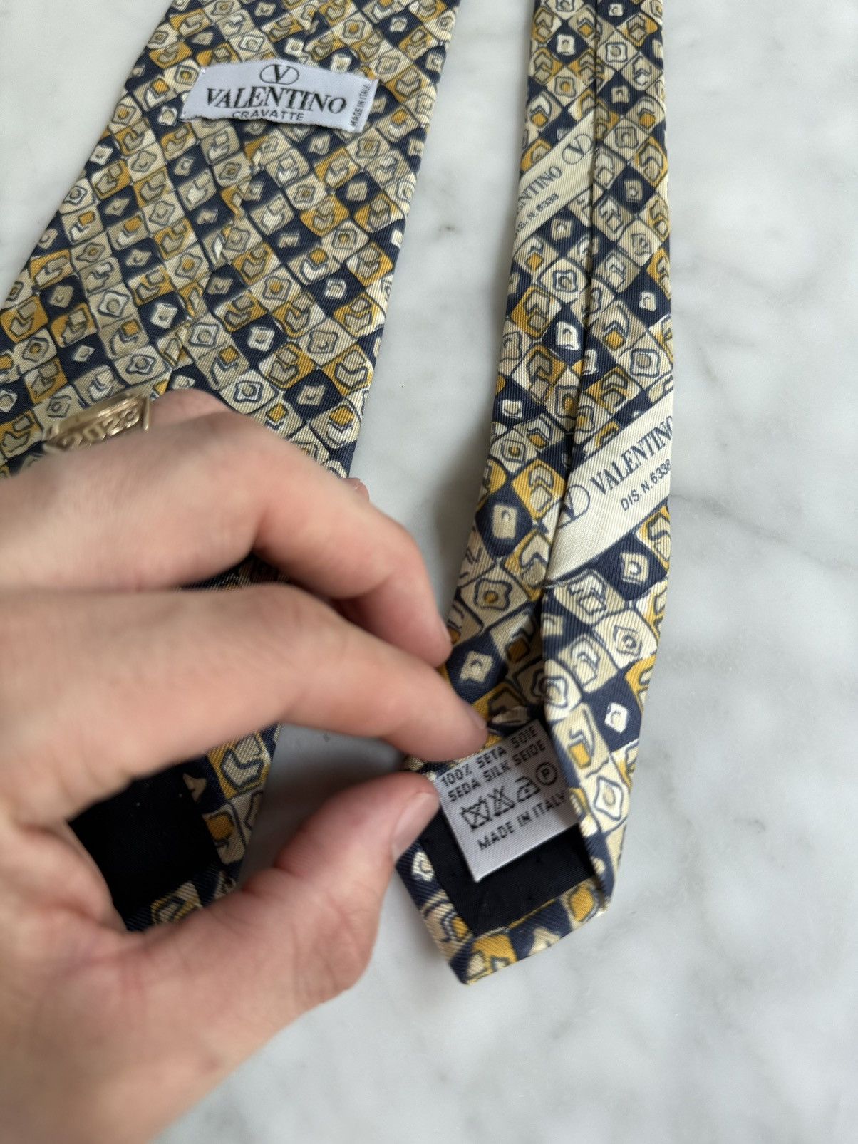 Valentino Valentino Navy Gold Geometric Tie DIS N 6388 100% Silk Italy Size ONE SIZE - 5 Thumbnail