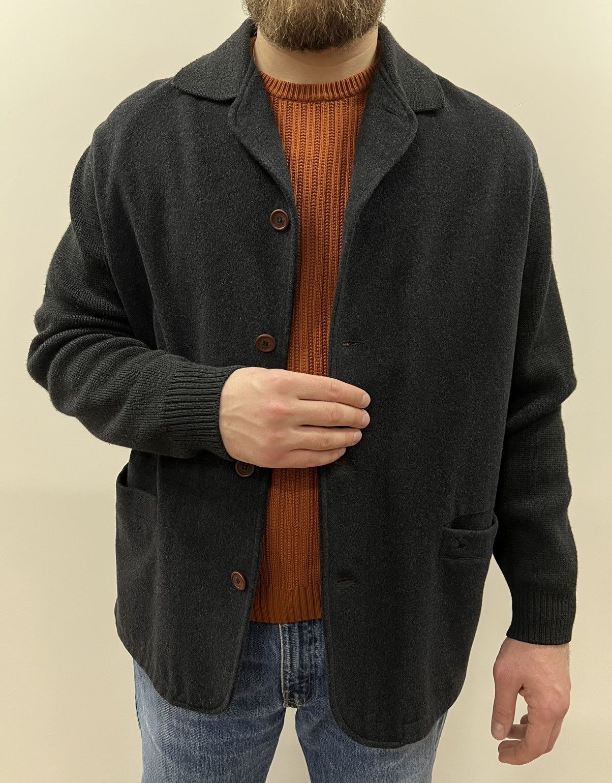 Burberry × Vintage Burberry Wool Gray Jacket Knit Sleeve Coat Size US L / EU 52-54 / 3 - 16 Thumbnail