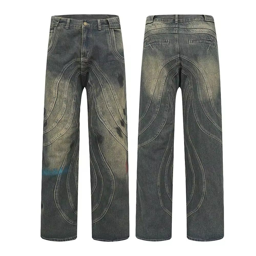Jean × Vintage Patchwork Design Washed Trendy Graffiti Straight Jeans Size US 34 / EU 50 - 3 Thumbnail