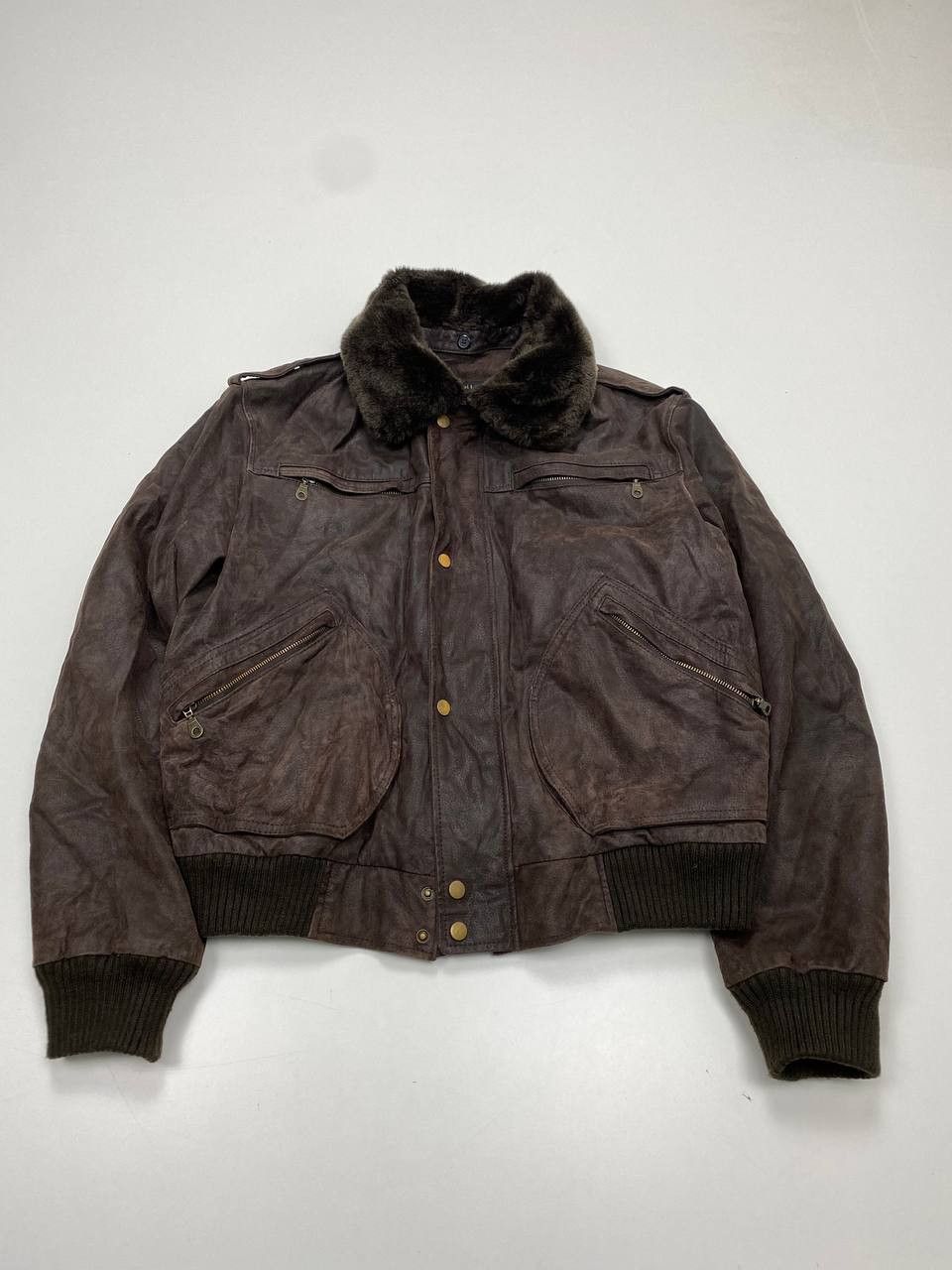 Real Leather Mens Brown L Aviator Jacket with Fur Collar 90s