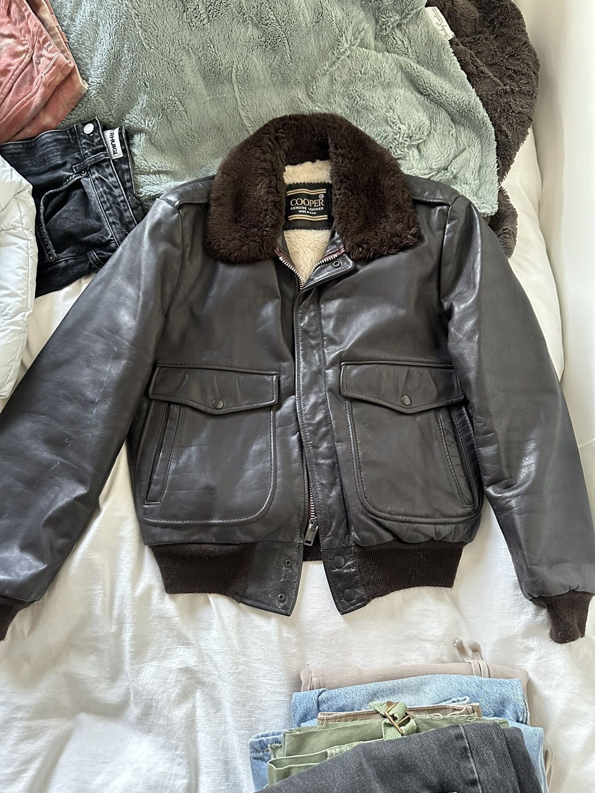 image of Bomber Jacket x Vintage Brown Sherpa Leather Jacket, Men's (Size Small)