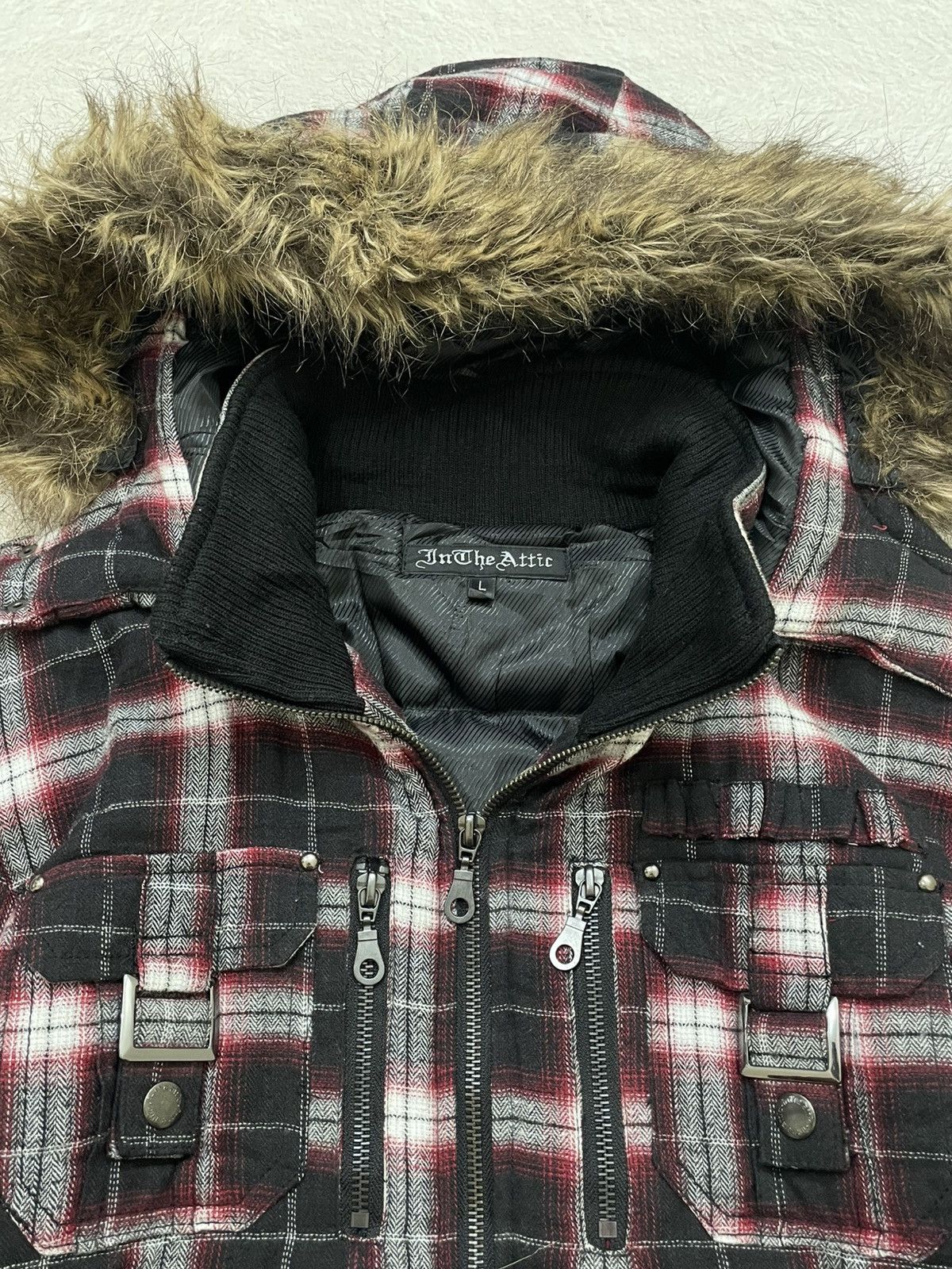 In the Attic Archive Plaid Fur Hood Bomber Jacket Grunge