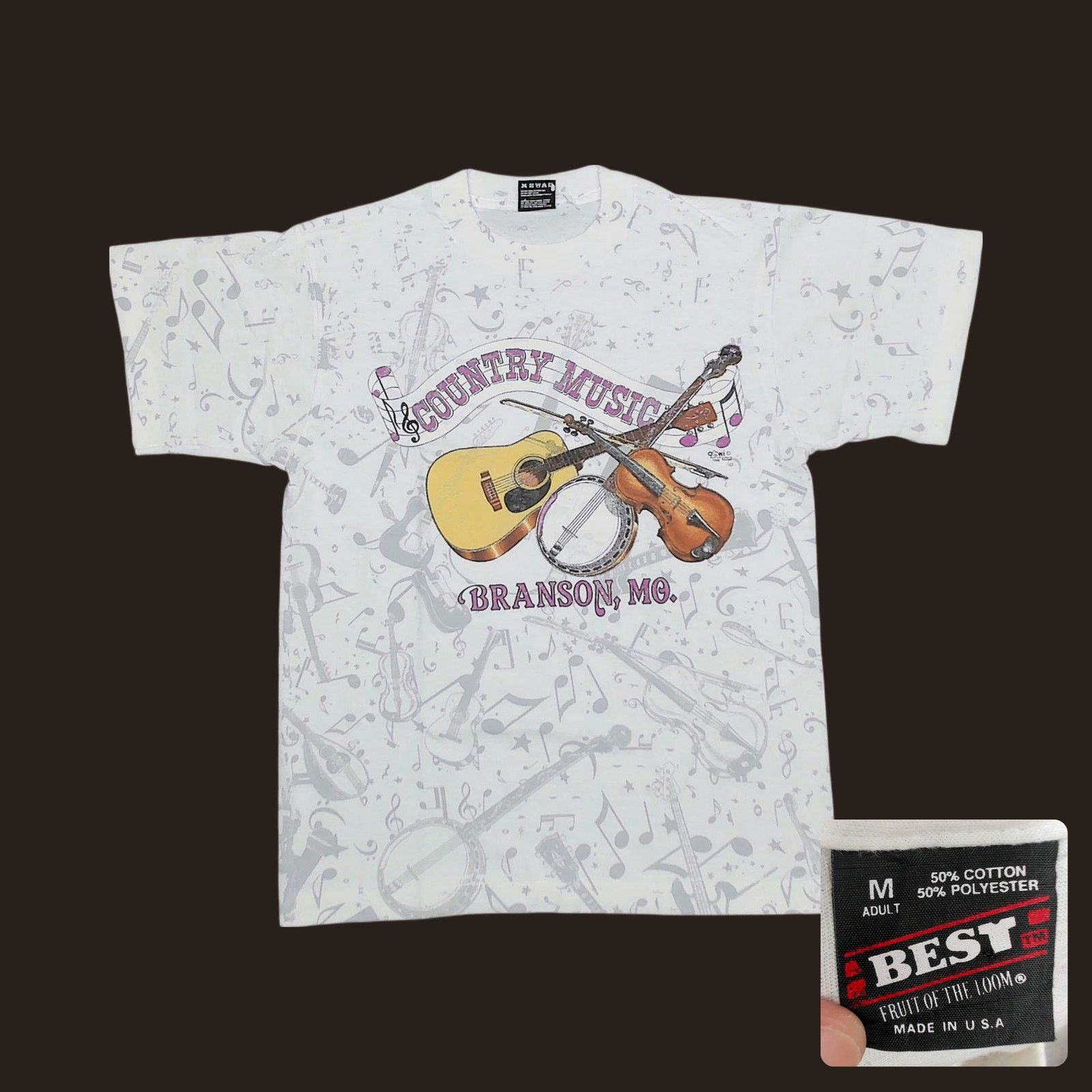 Fruit Of The Loom FOTL 1992 Branson MO Country Music AOP Single Stitch Tee Size L / US 10 / IT 46 - 1 Thumbnail