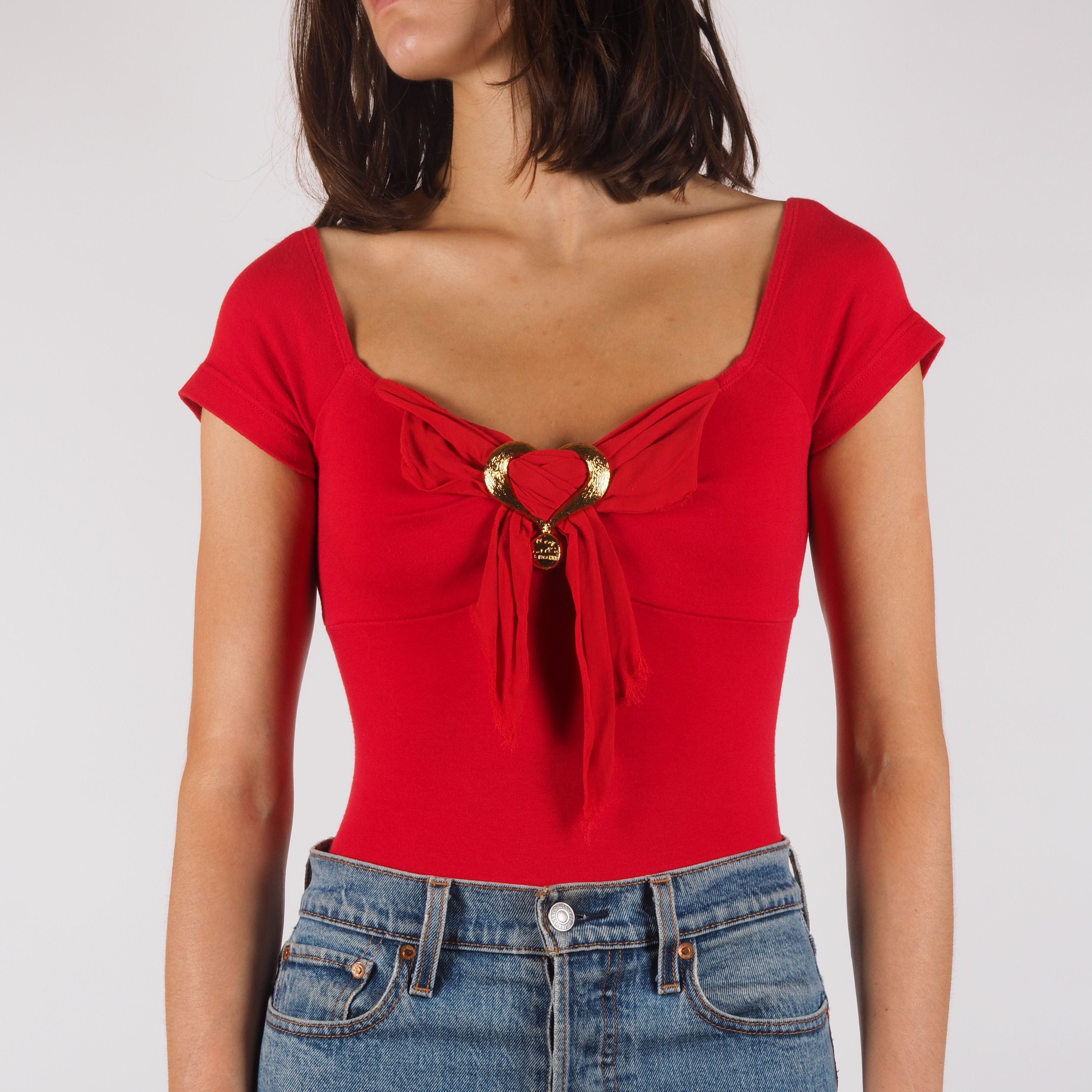 Moschino Moschino Cheap & Chic Vintage Red Bodysuit Gold Heart Detail Size S / US 4 / IT 40 - 6 Thumbnail