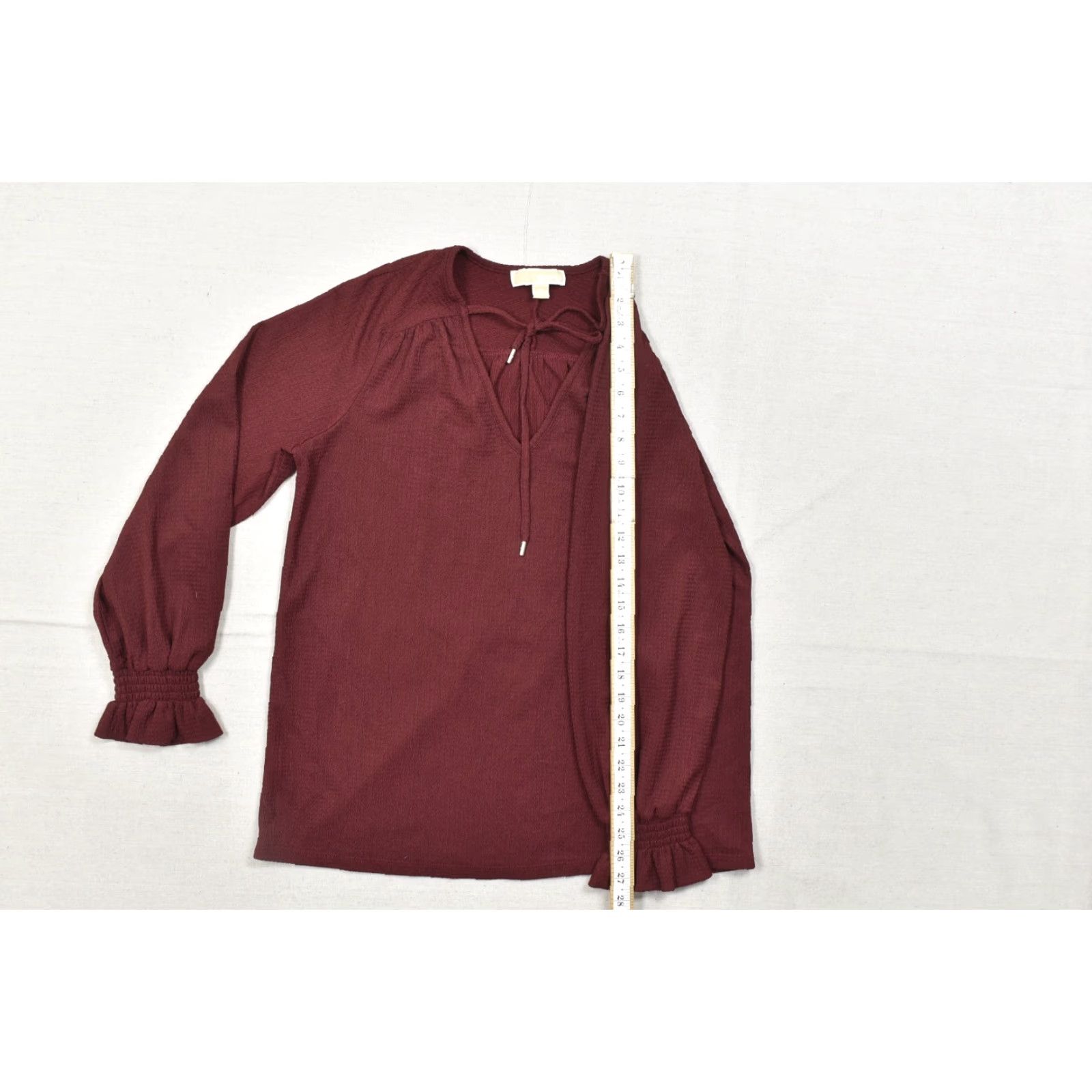 Michael Kors Michael Kors Blouse Womens Size M Maroon V-Neck Long Sleeve Smocked Cuff Tie Front Size M / US 6-8 / IT 42-44 - 3 Thumbnail