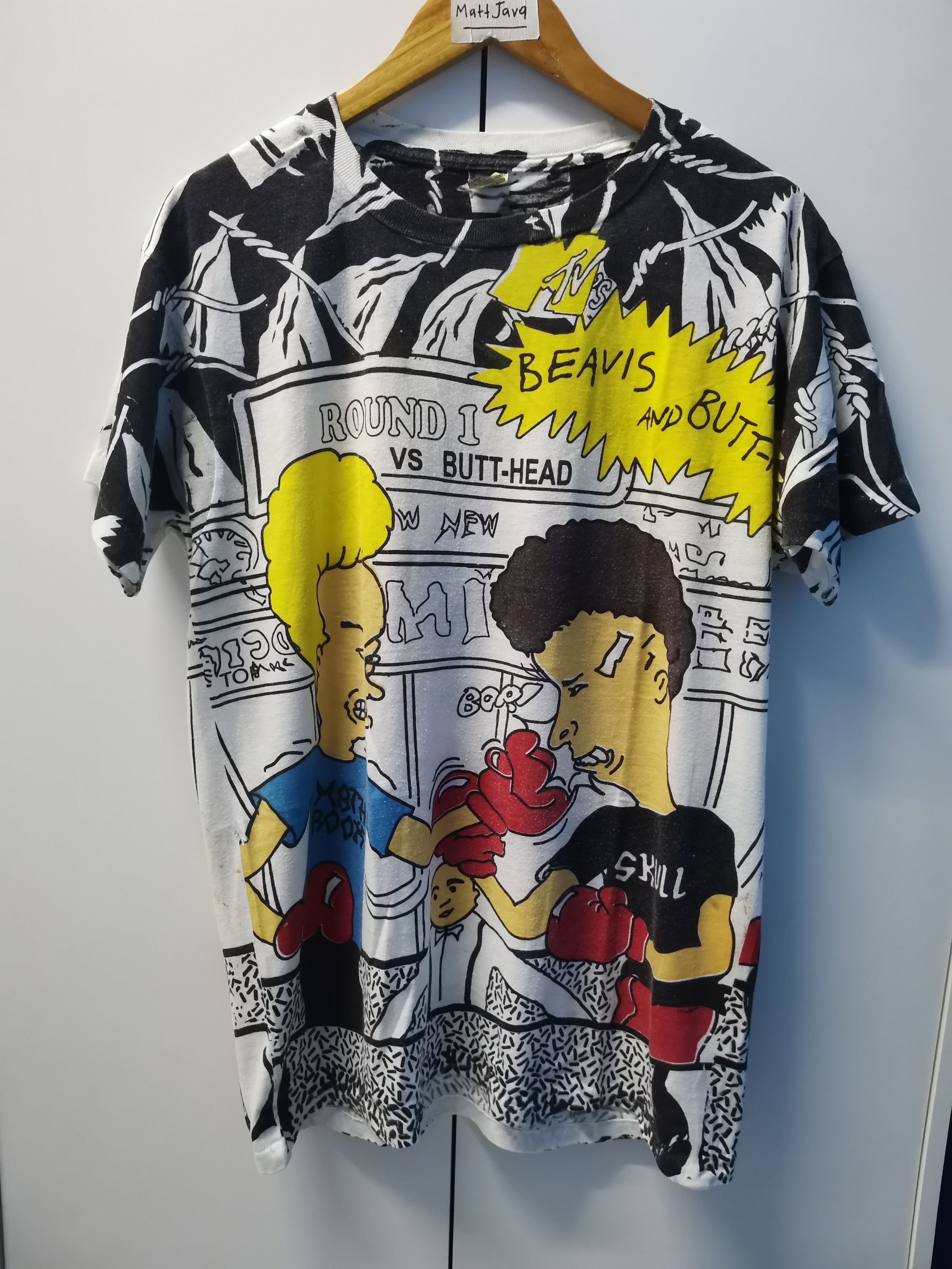 image of Cartoon Network x Mtv Vintage Beavis And Butt-Head Mtv Tee Over Print in White, Men's (Size Medium)