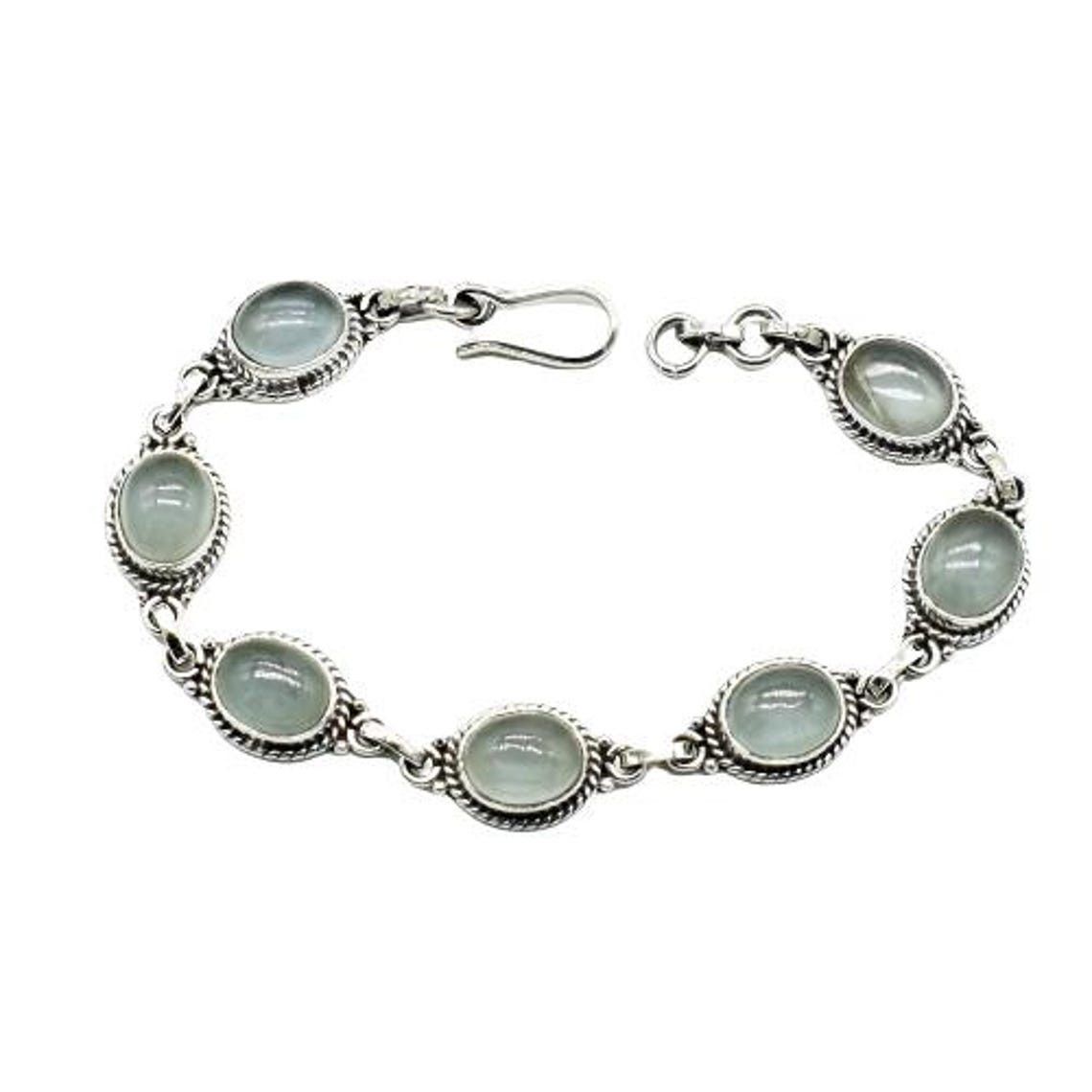 Handmade Genuine milky Aquamarine Gemstone 925 Silver Bracelet Size ONE SIZE - 2 Thumbnail