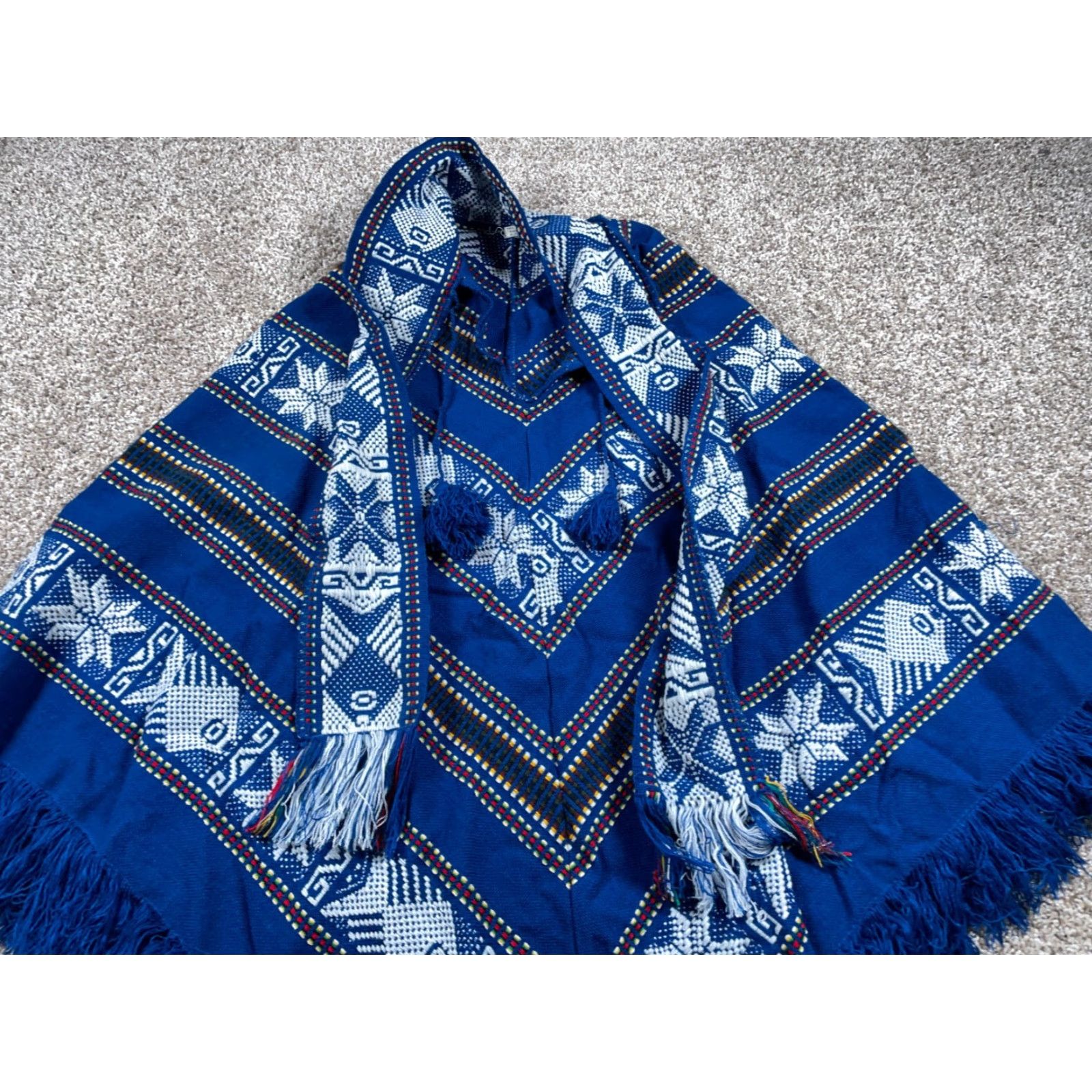 Vintage VINTAGE Handmade Poncho Women's One Size Blue Fringe Southwestern Cotton Ecuador Framework Size ONE SIZE - 4 Thumbnail