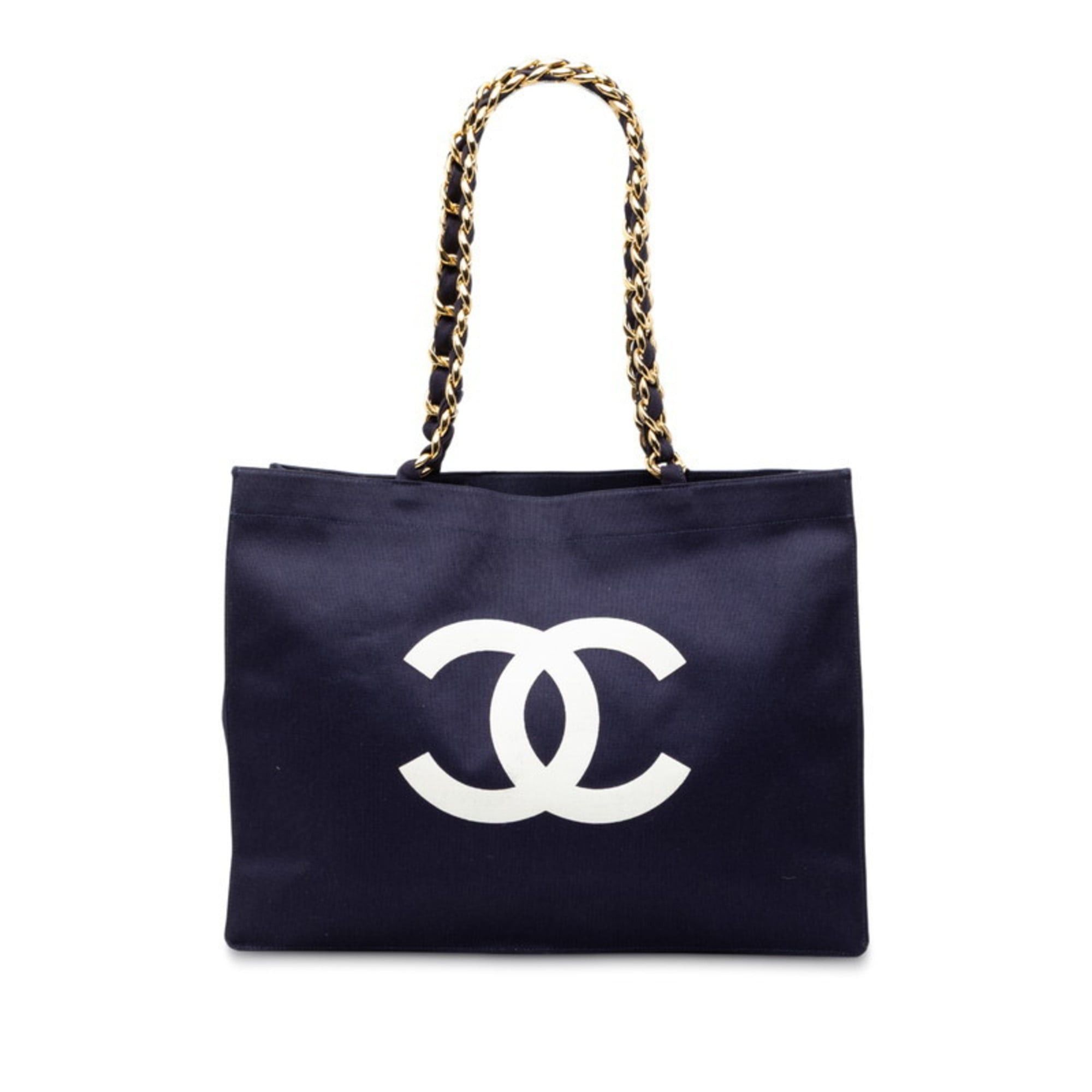CHANEL Logo Coco Mark Chain Tote Bag Navy Canvas Women's