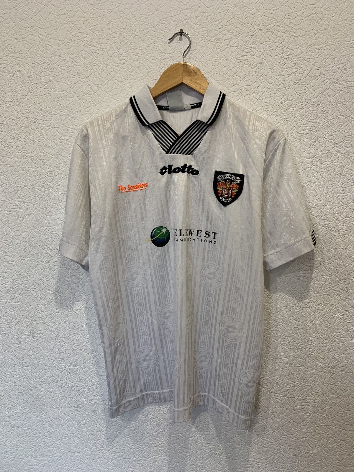 image of Lotto Blackpool 1997/1998 Away Kit Soccer Jersey Blokecore in White, Men's (Size Medium)